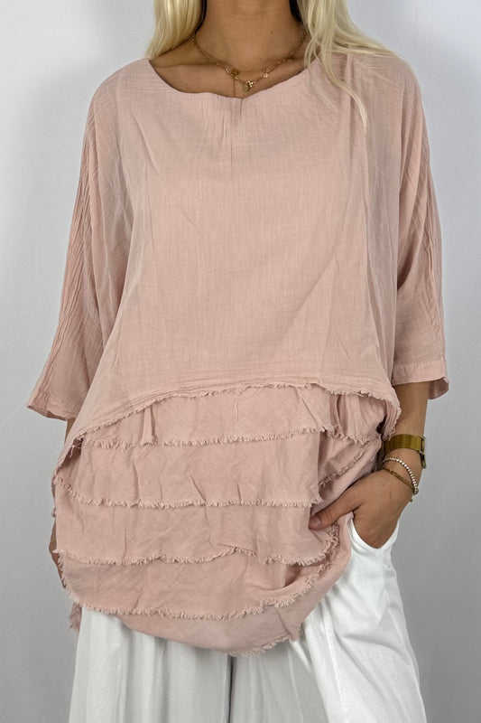 Oversize Baumwollshirt mit Volant-Rückseite-Rosa