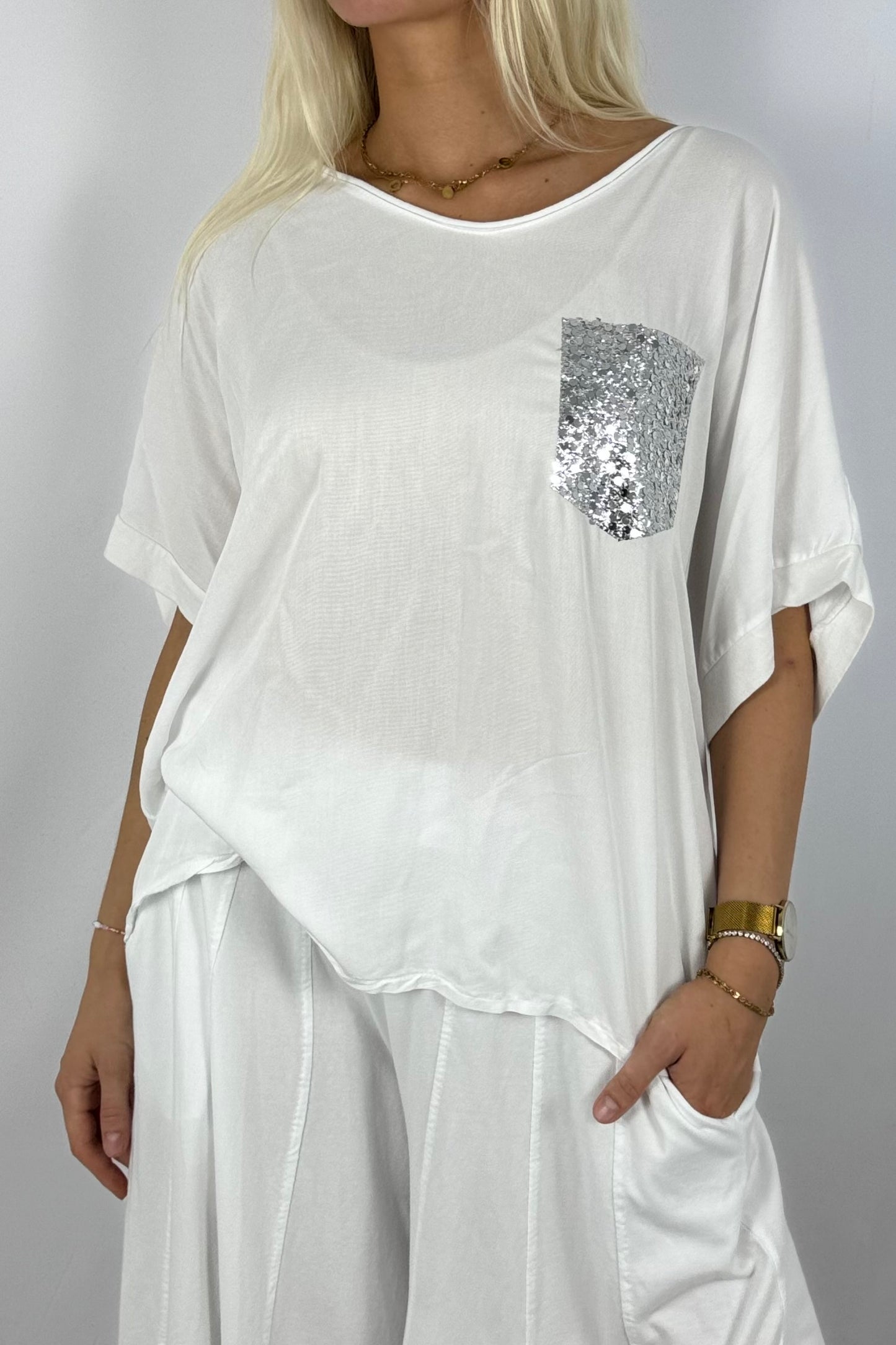 Oversize Shirt mit Pailletten-Brusttasche-Weiß