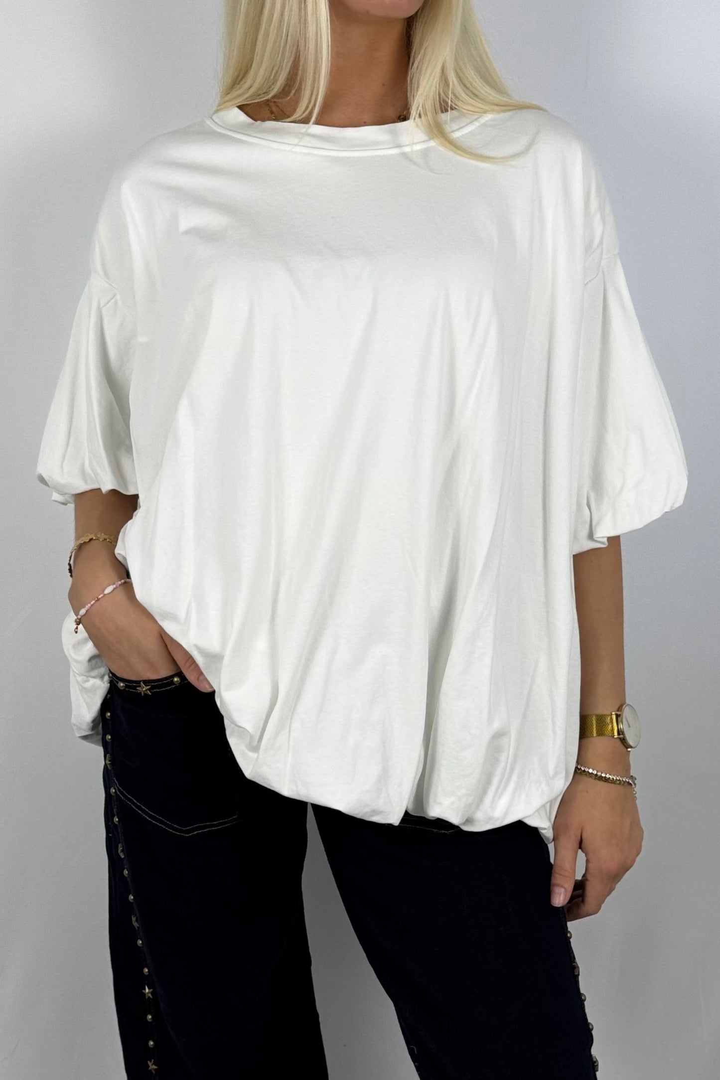Basic Oversize Shirt mit Puffärmeln – Weiß