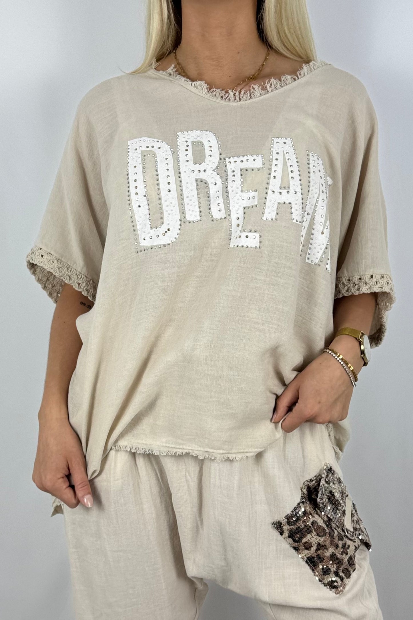 Leinen-Shirt „DREAM“ mit Strassdetails-Beige