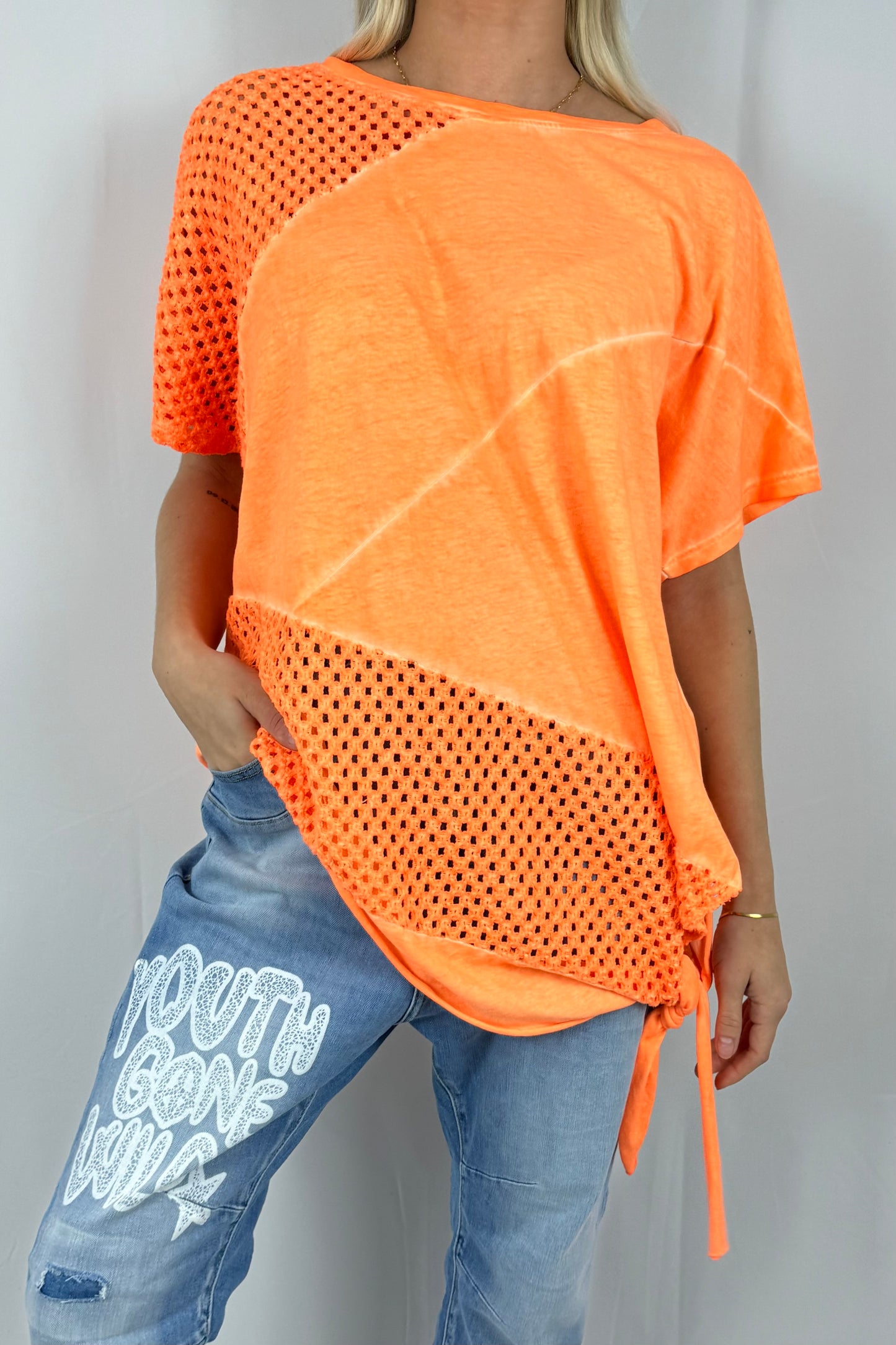 Damen Oversize Shirt mit Netz Einsatz und Bindeband-Neon Orange
