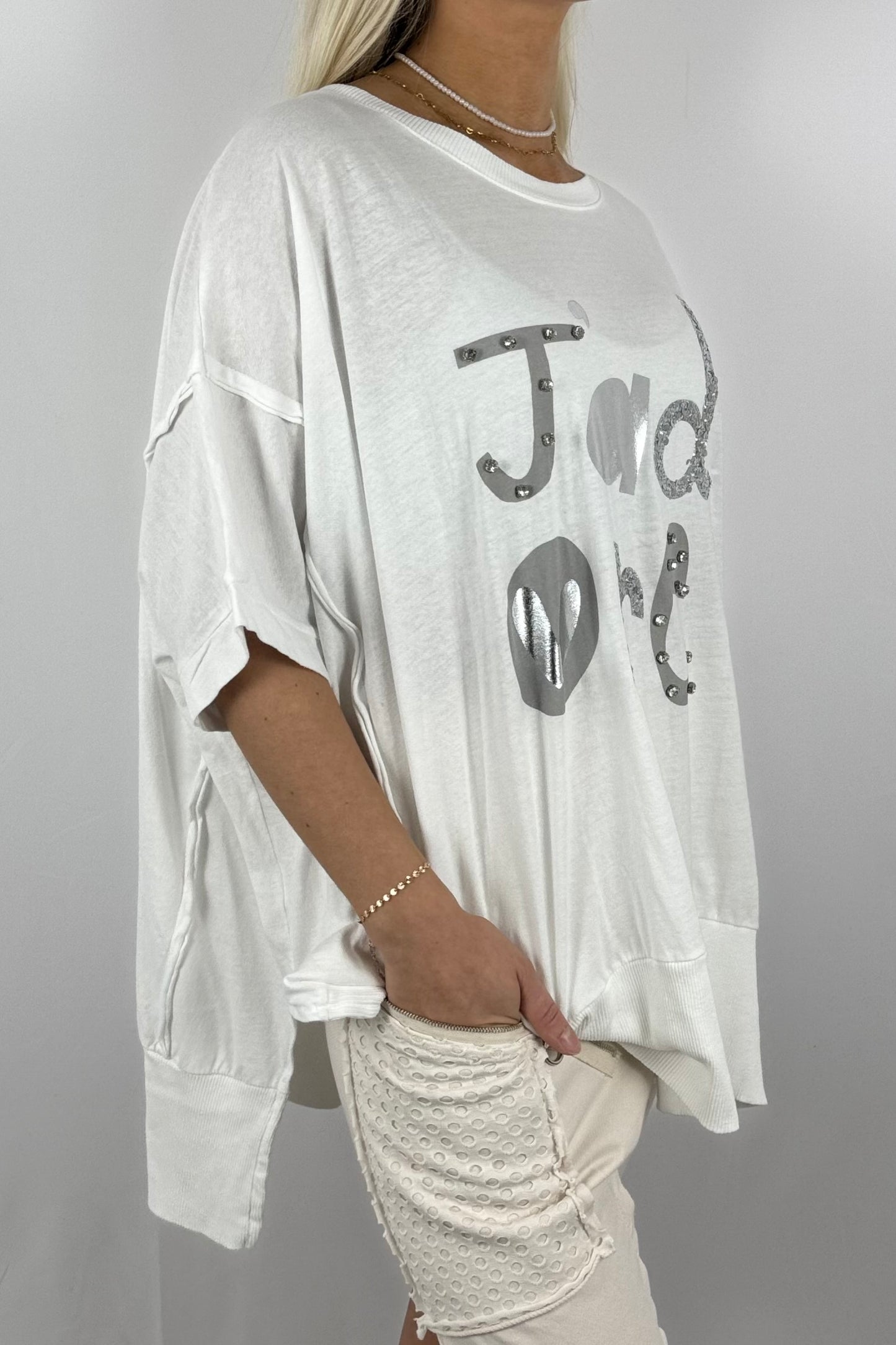 Oversize-Shirt „J’adore“ mit Glitzer-Print-Weiß