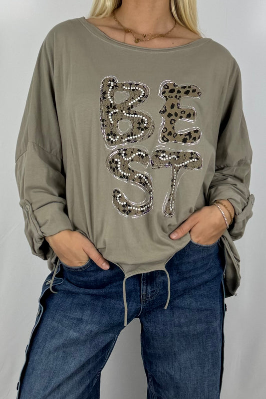 Oversize-Shirt „BEST“ mit Leo-Print und Strass-Details-Mud