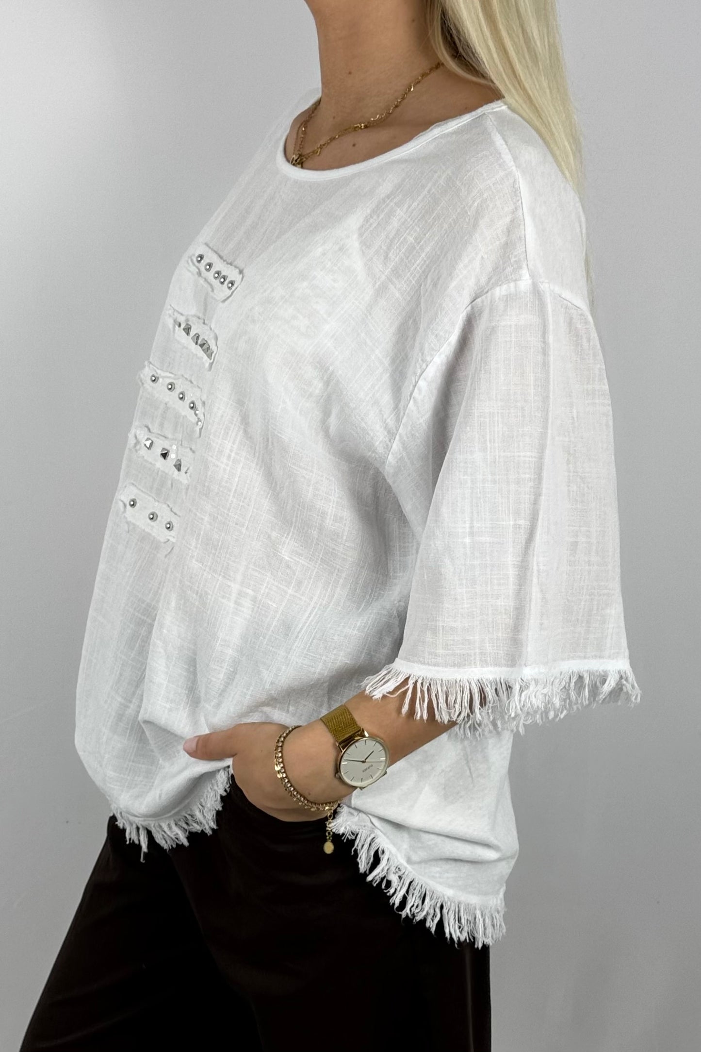 Leinen-Shirt mit Fransen & Nieten-Details-Weiß