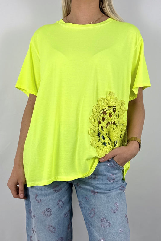 Shirt mit großem Häkel Muster-Neon Gelb