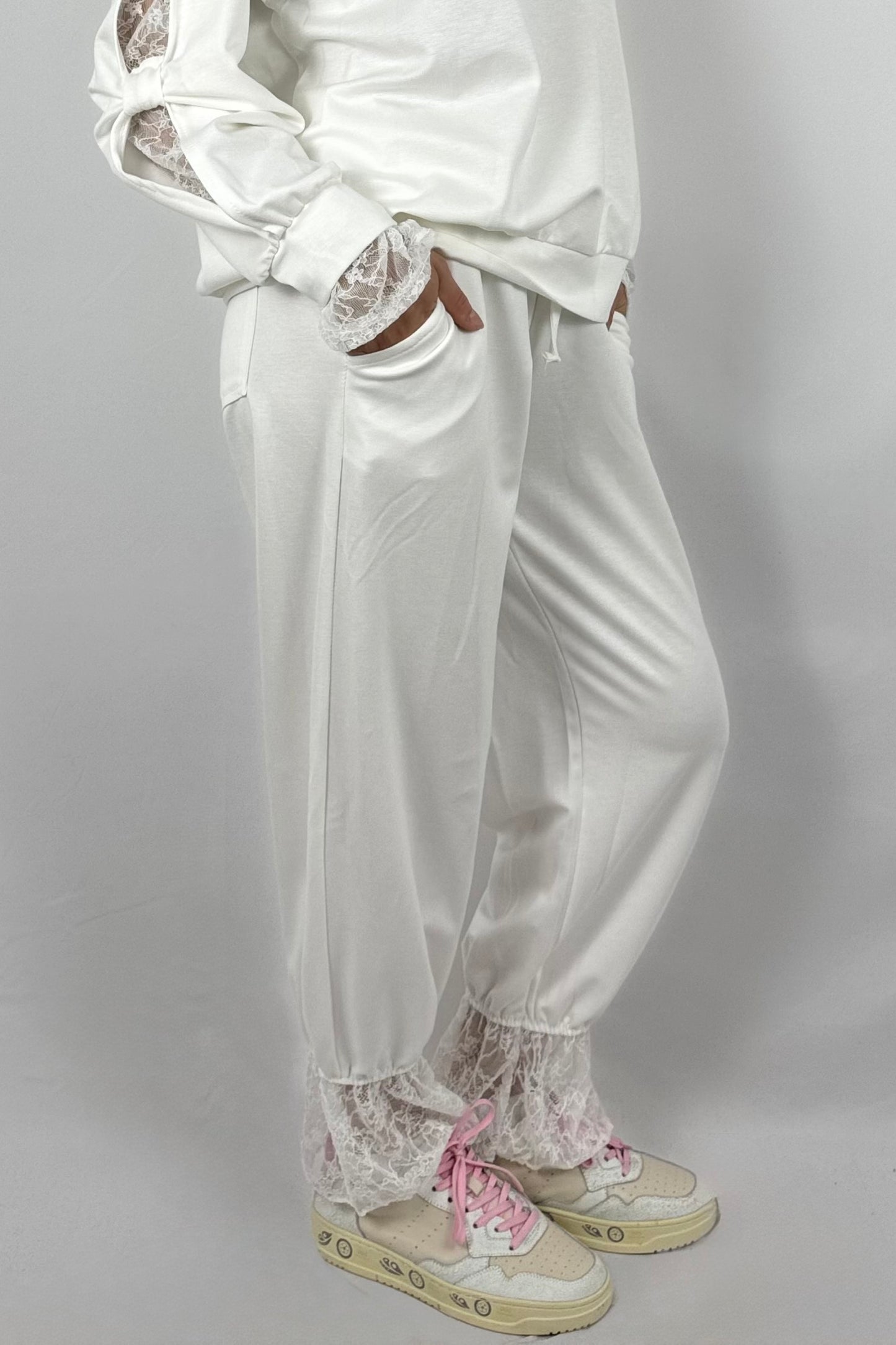 Damen Hose mit Spitze – Oversize-Weiß