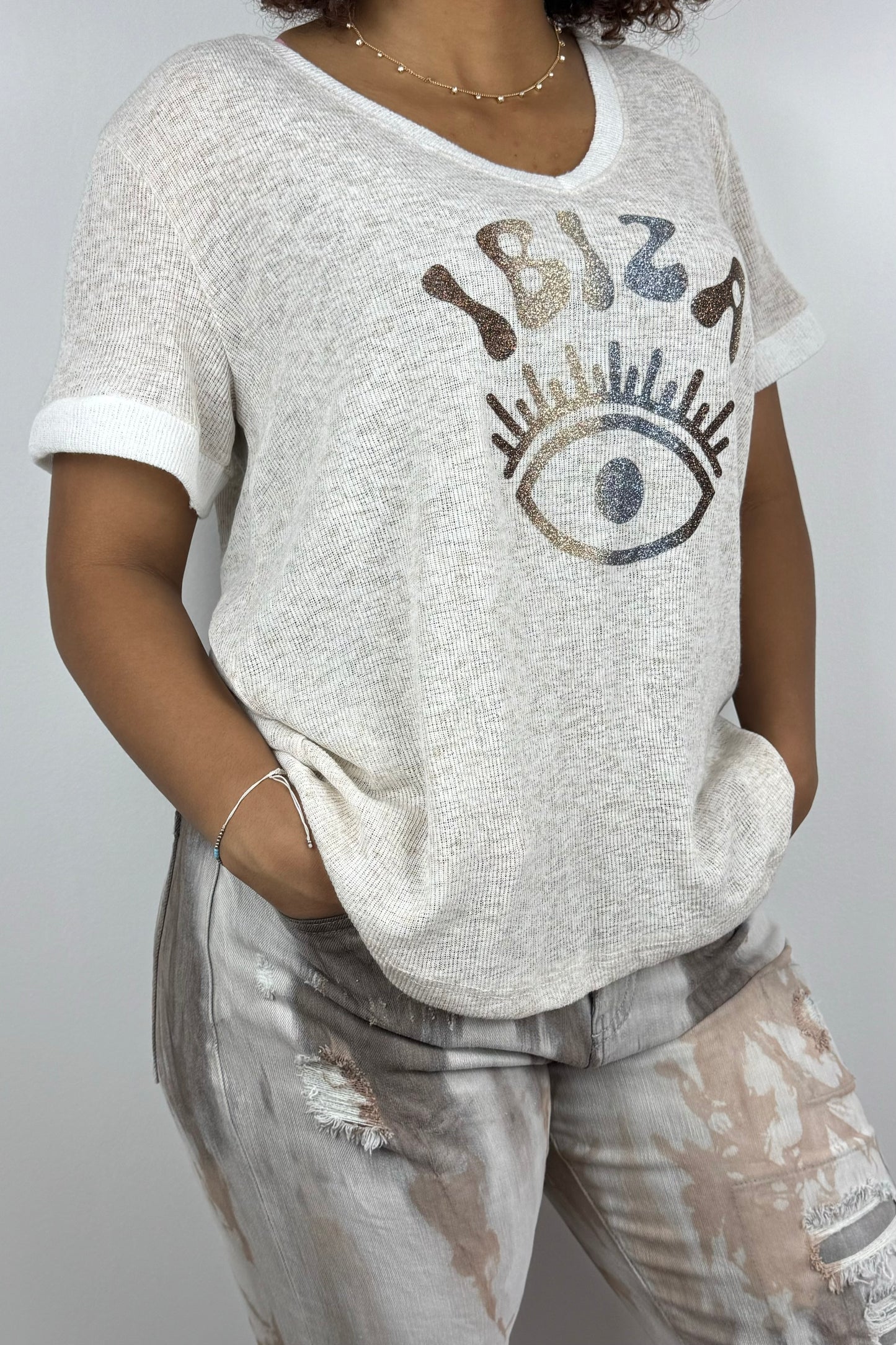 Damen-T-Shirt mit „Ibiza“-Print und V-Ausschnitt