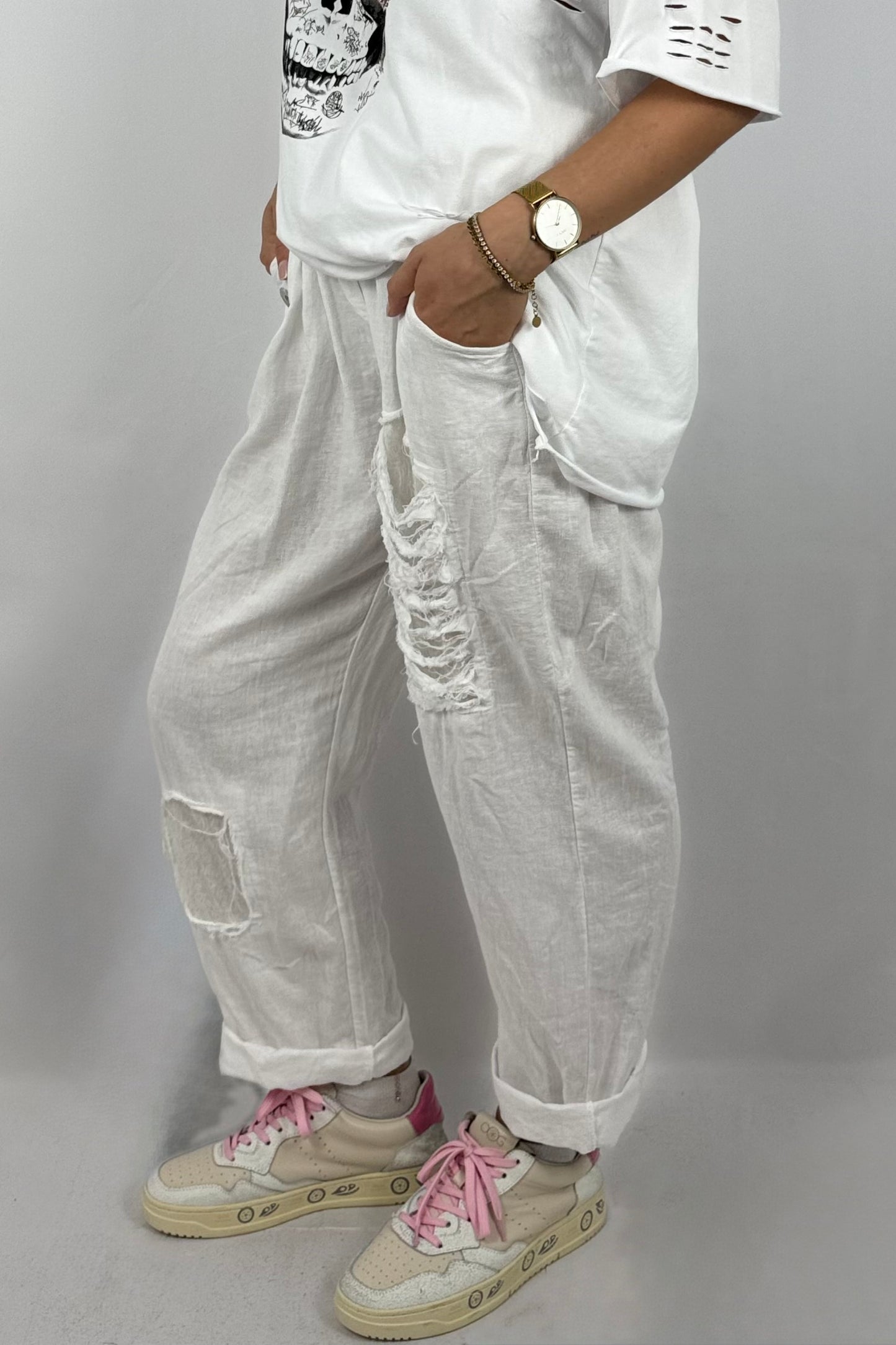 Leinen-Viskose Hose mit Pailletten-Details-Weiß
