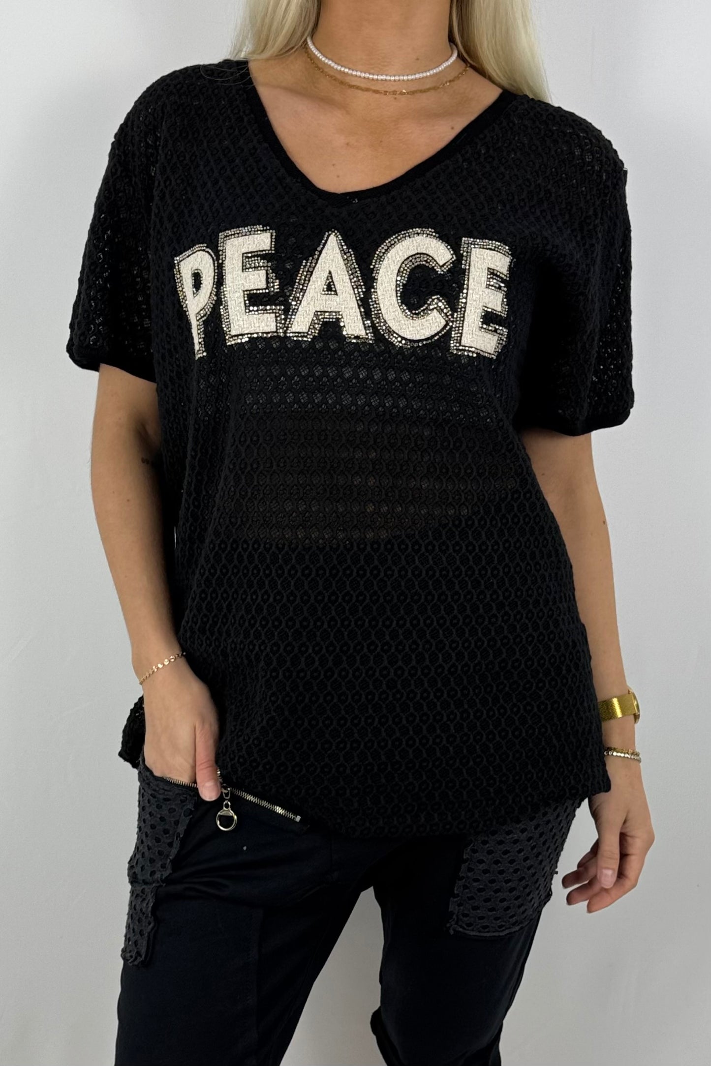 Netz-Shirt „PEACE“ mit Strass-Applikation-Schwarz