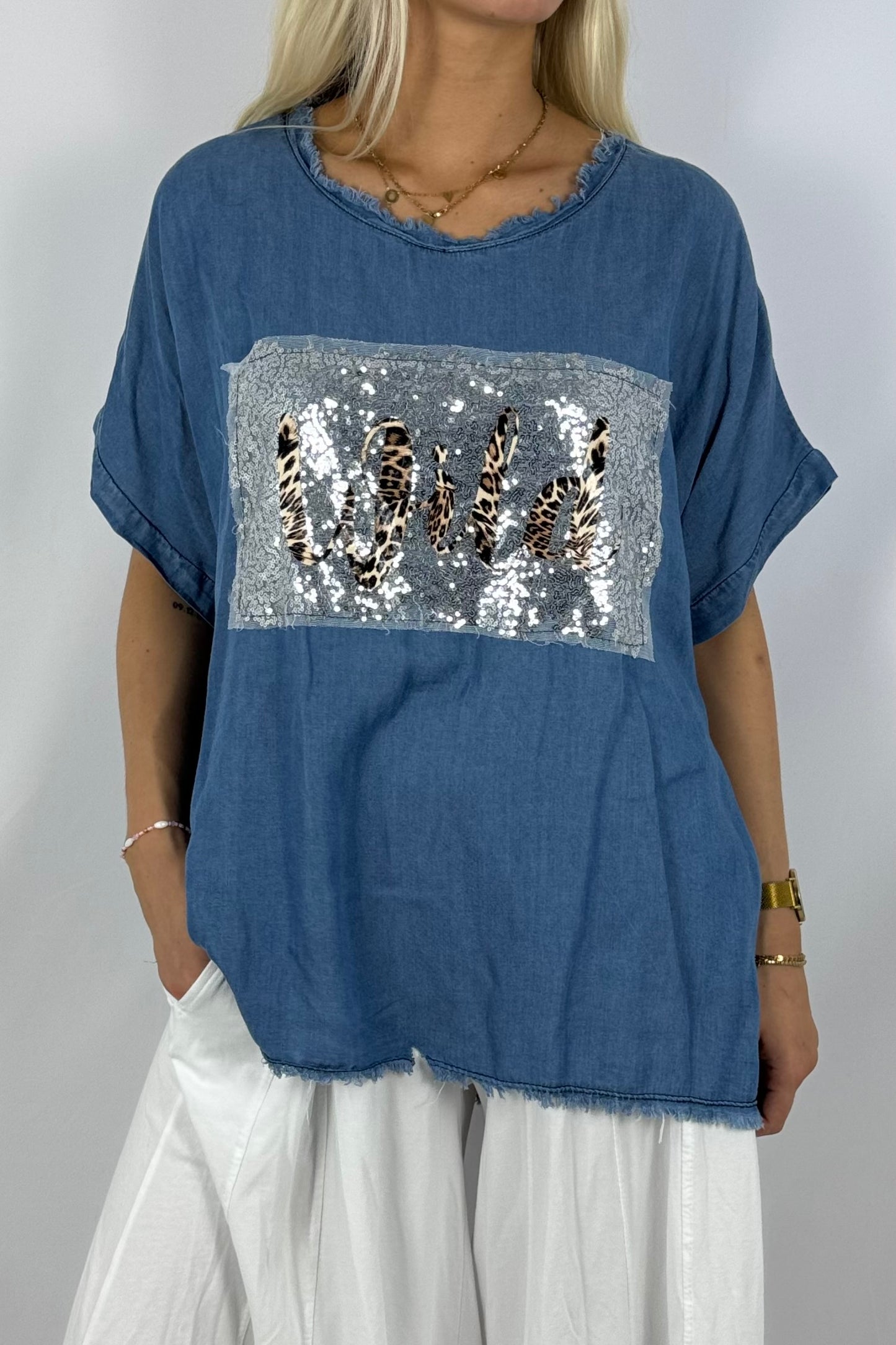 Oversize Tencel-Shirt „Wild“ mit Pailletten-Applikation-Blau