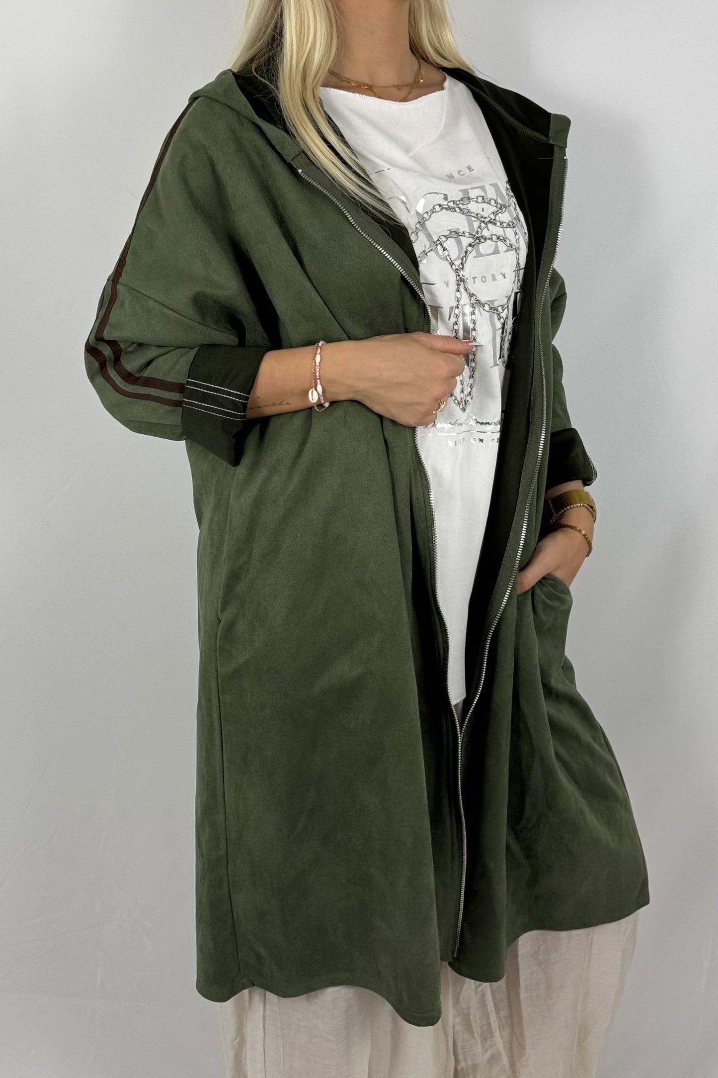 Lässige Longjacke in Velours-Optik mit Kapuze-Khaki