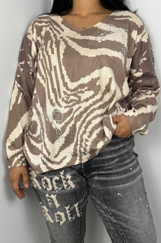 Feinstrick-Shirt mit Animalmuster und Strass-Schleifen