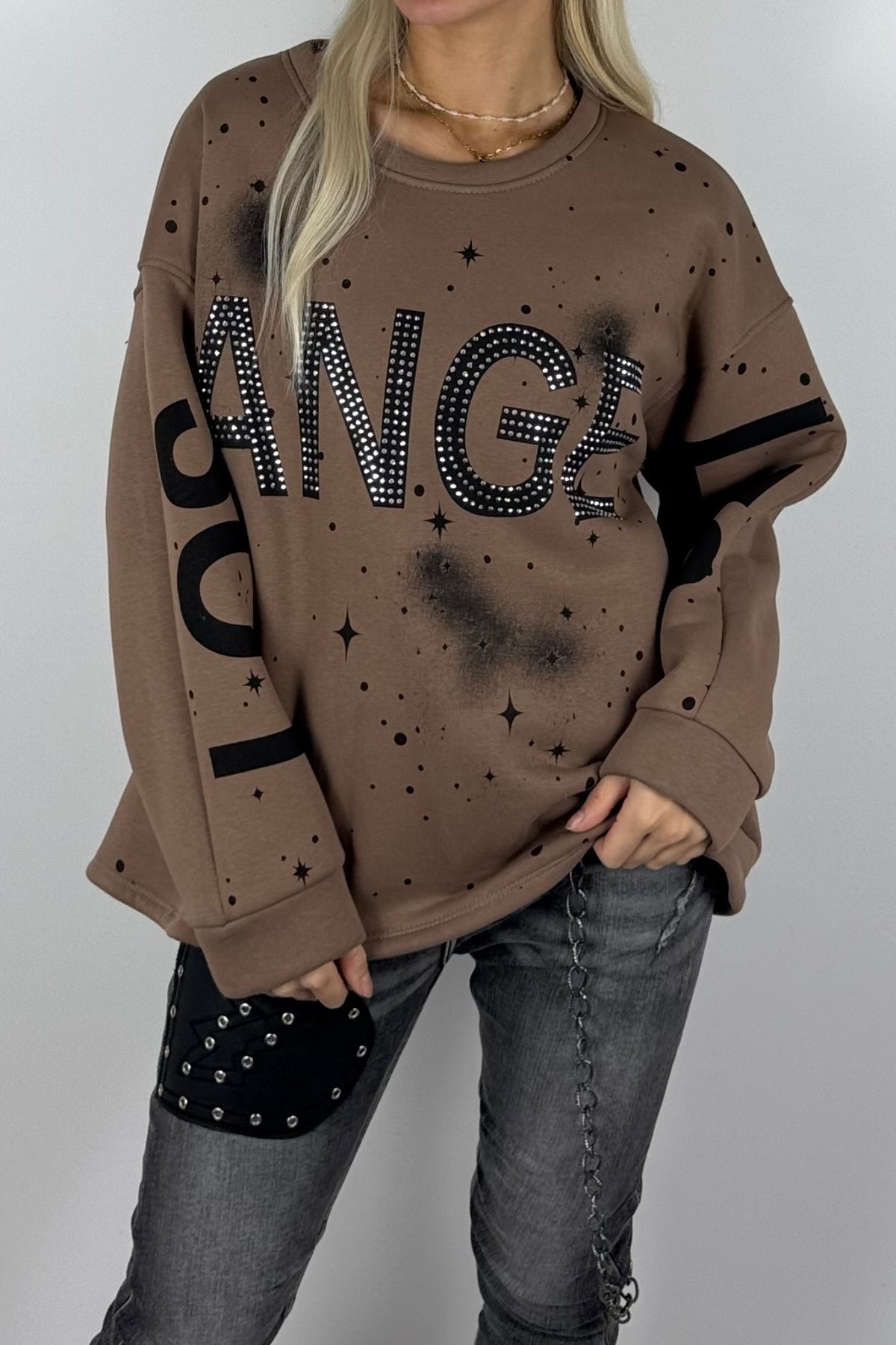 Damen-Sweatshirt mit „Los Angeles“-Schriftzug und Glitzersteinen - Mud