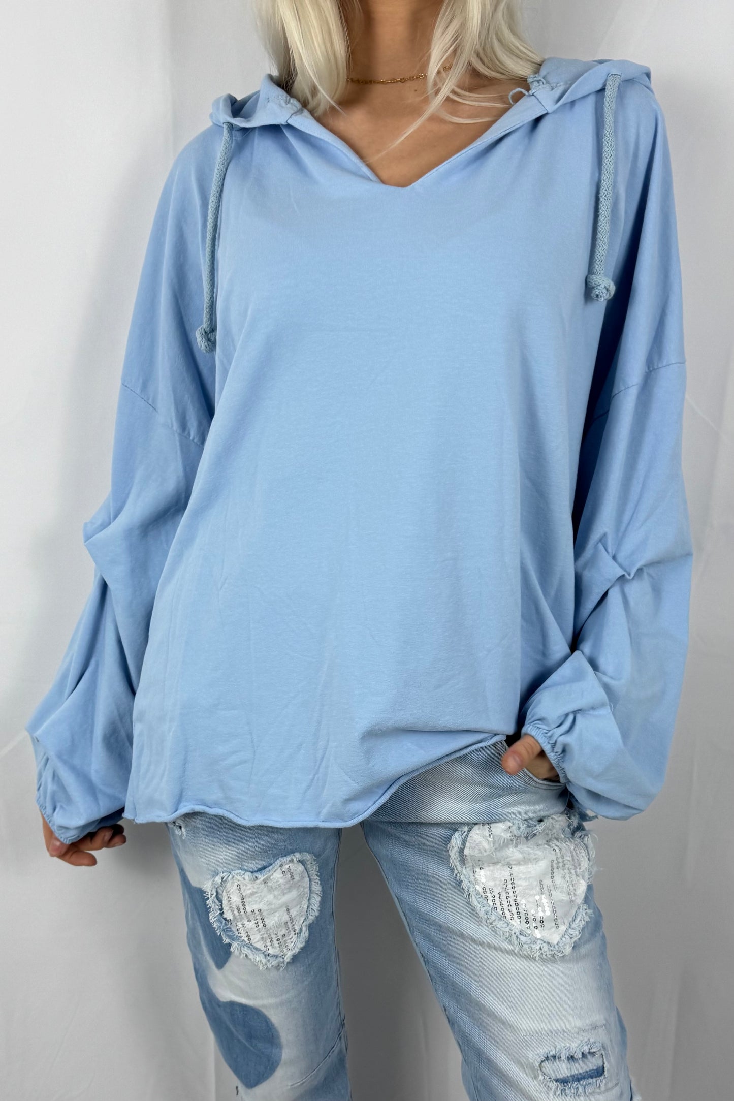 Damen Hoodie Shirt mit V-Ausschnitt –Hellblau