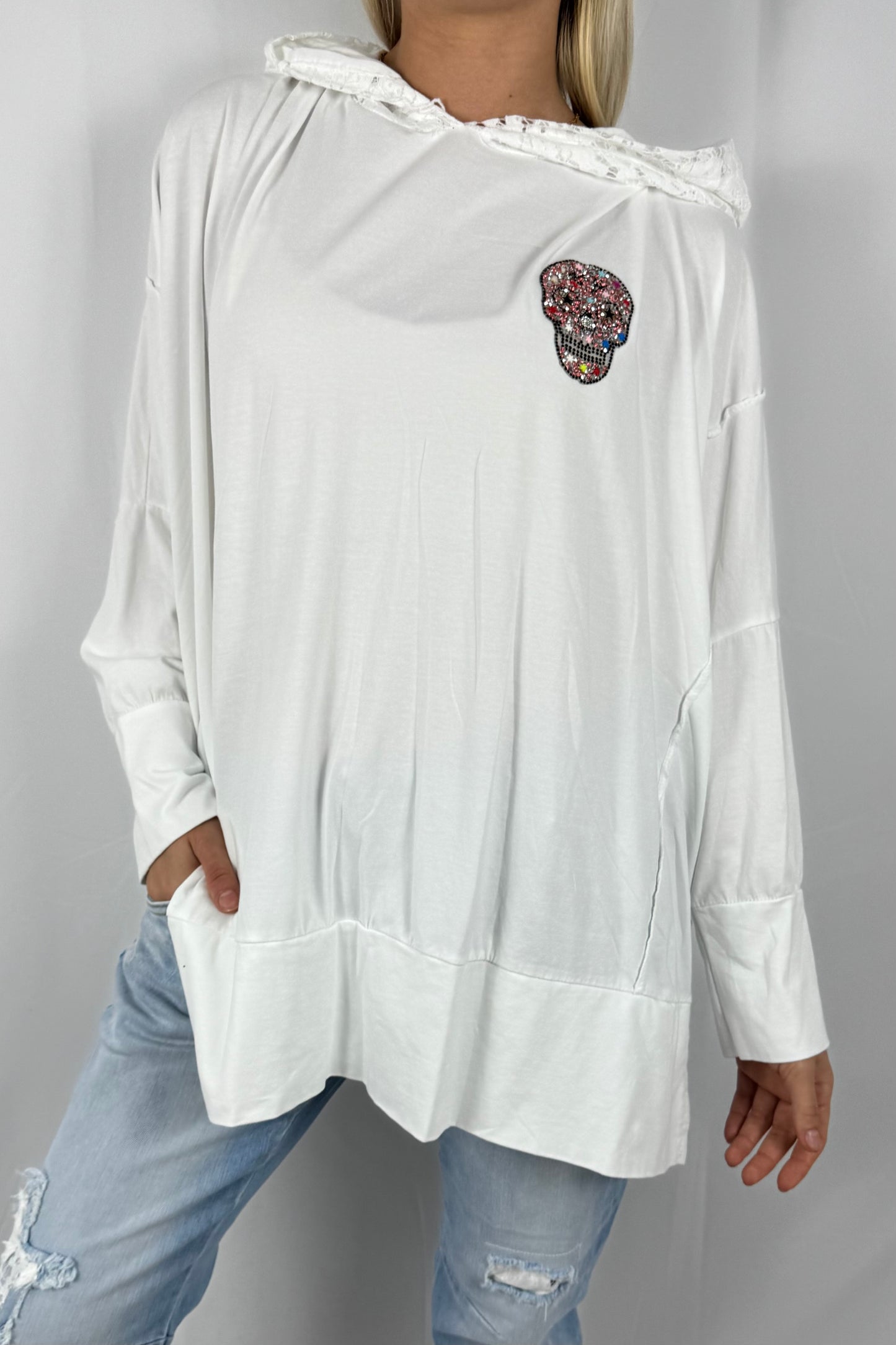 Damen Hoodie mit Strass Totenkopf-Weiß