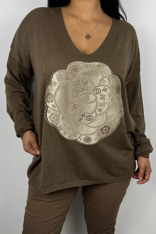 Feinstrick-Shirt mit floraler Applikation und Strassdetails