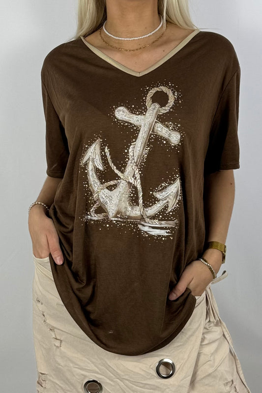 Oversize-Shirt mit Anker-Print & Golddetails-Schoko