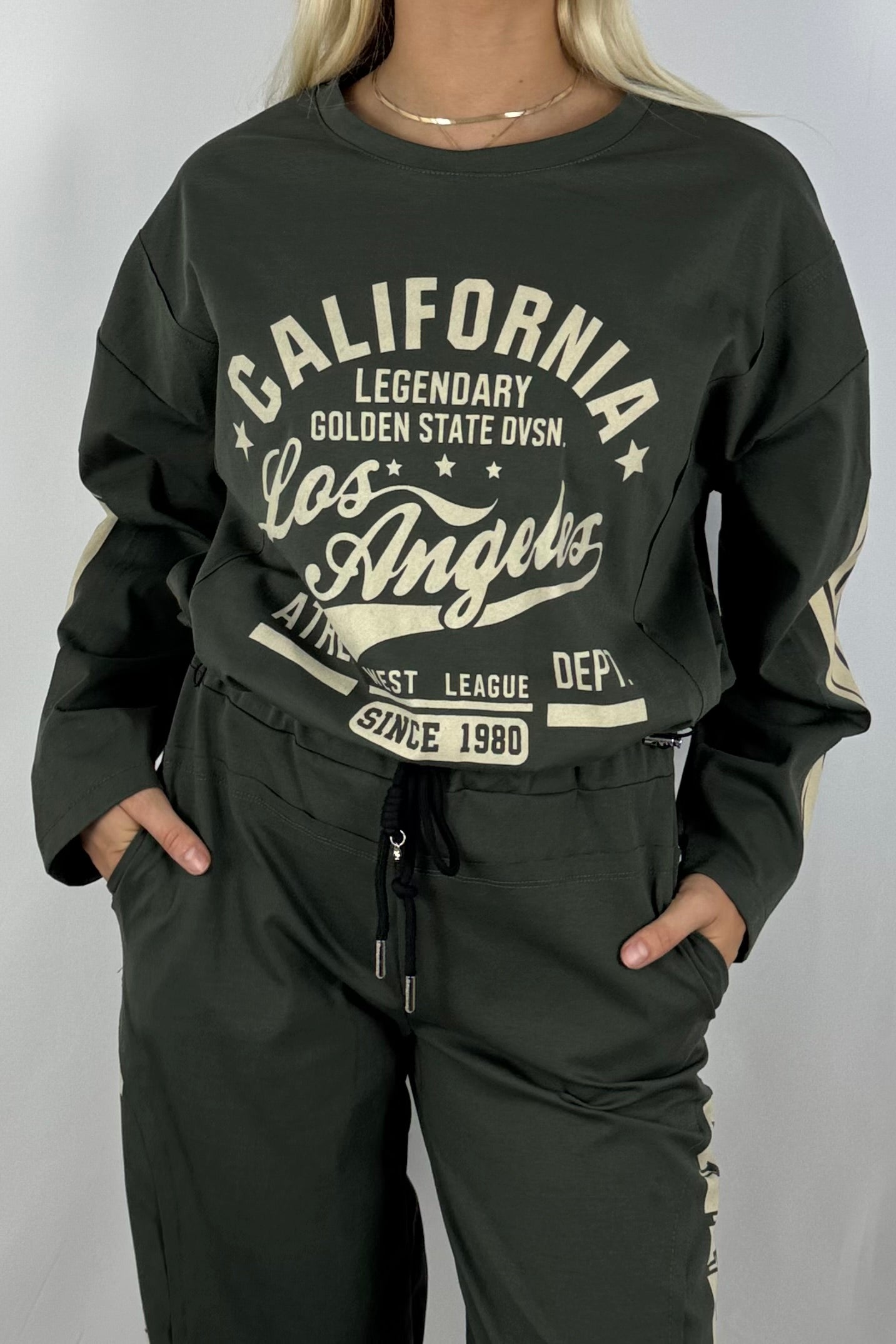 Damen Sweatshirt – California Los Angeles Print-Khaki
