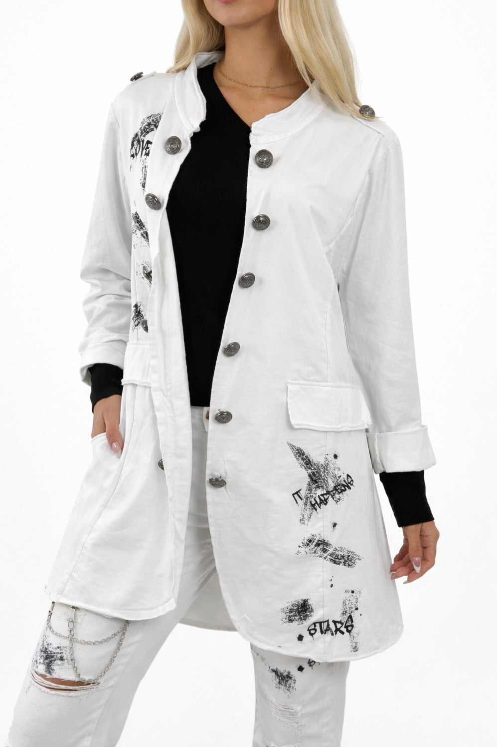 Lässiger Mantel mit Print & Knopfleiste –weiß