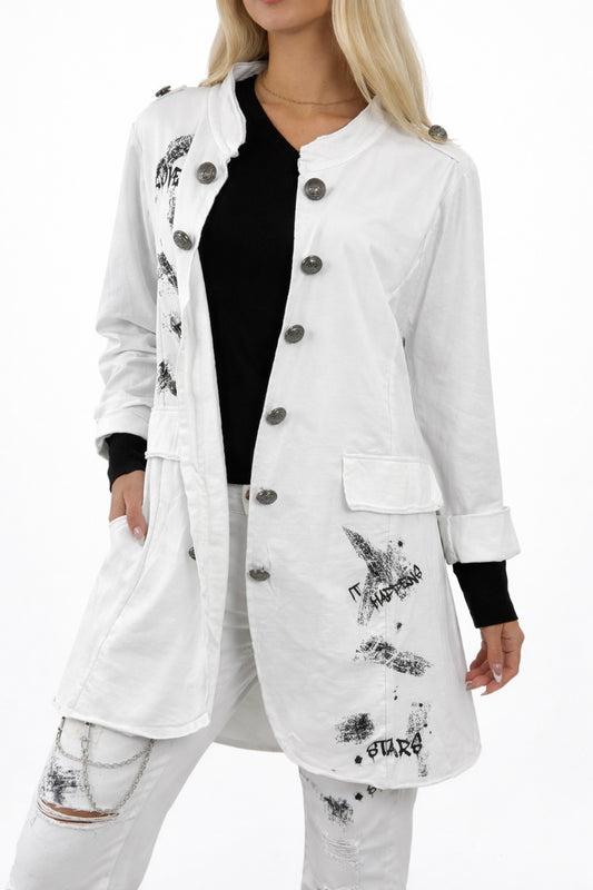 Lässiger Mantel mit Print & Knopfleiste –weiß