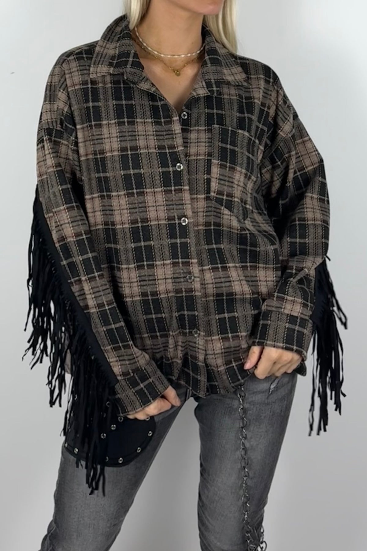 Damen-Karobluse mit Fransen-Mud