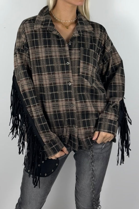 Damen-Karobluse mit Fransen-Mud