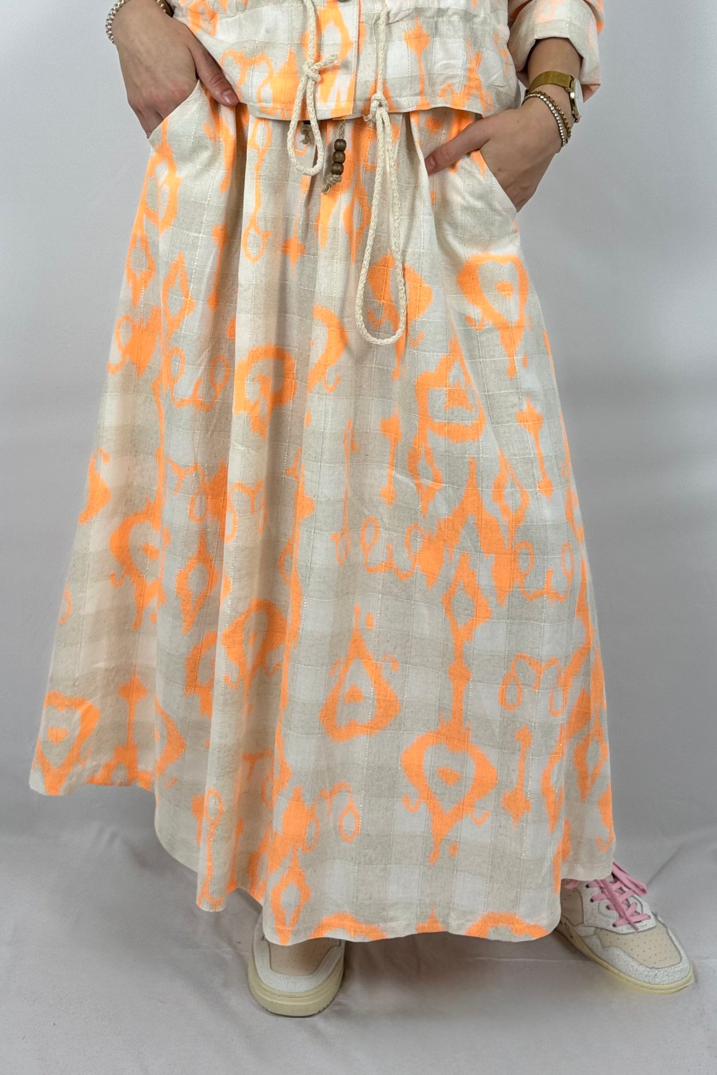 Boho Rock mit Print – Leinen/Viskose-Neon Orange