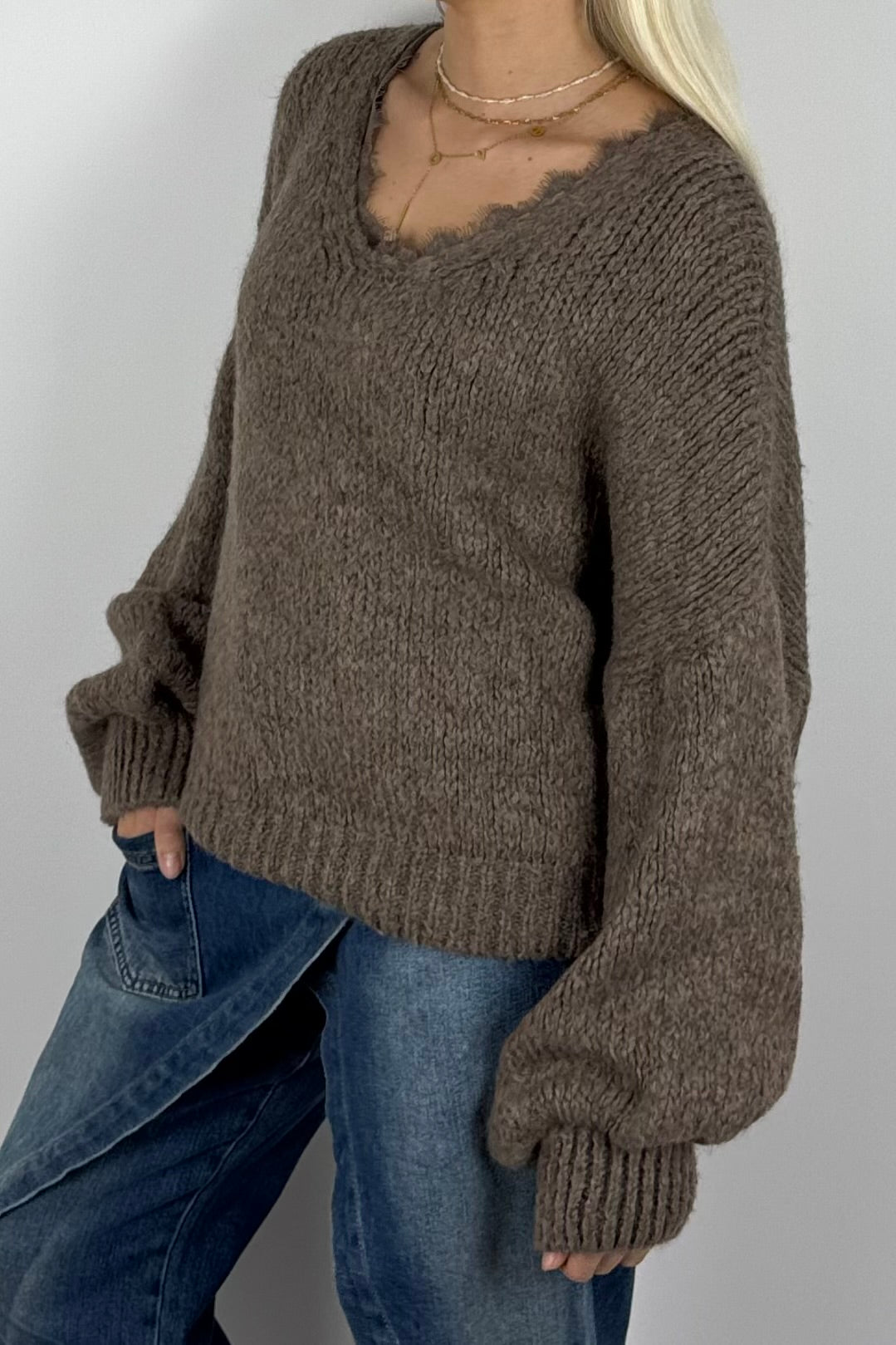 Damen Oversize Strickpullover mit V-Ausschnitt –Mud