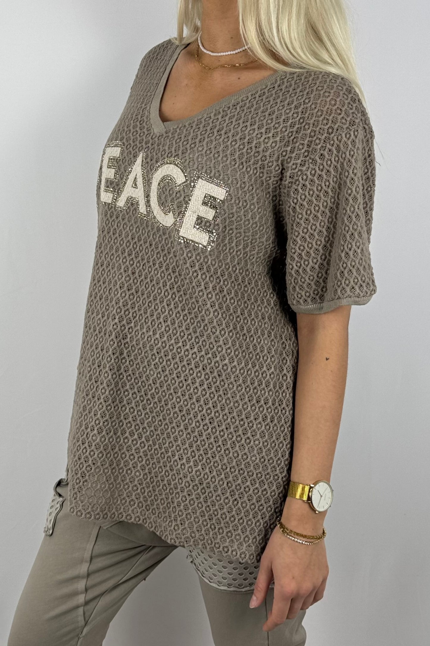 Netz-Shirt „PEACE“ mit Strass-Applikation-Mud