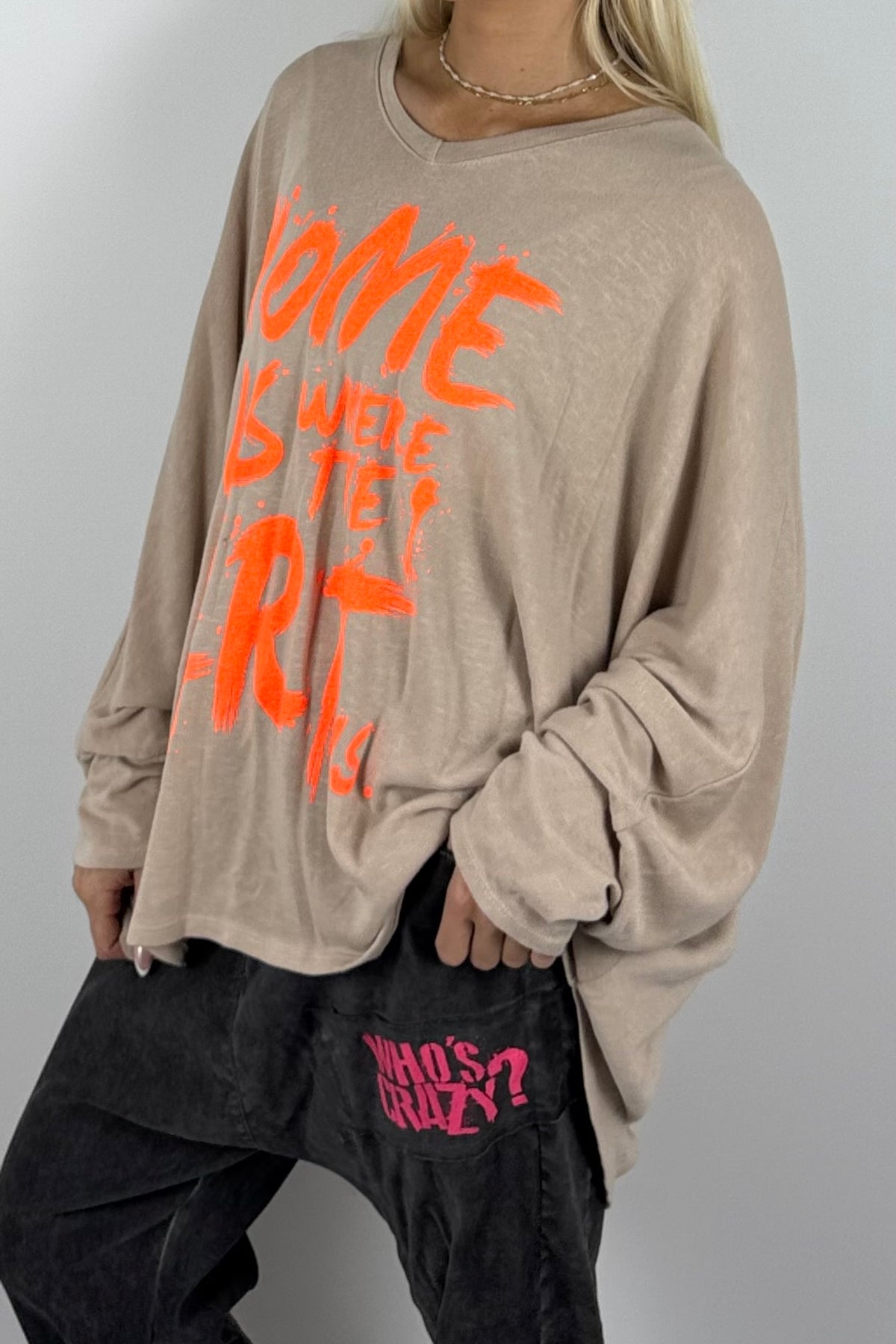 Damen Oversize-Shirt mit Statement-Print-Beige