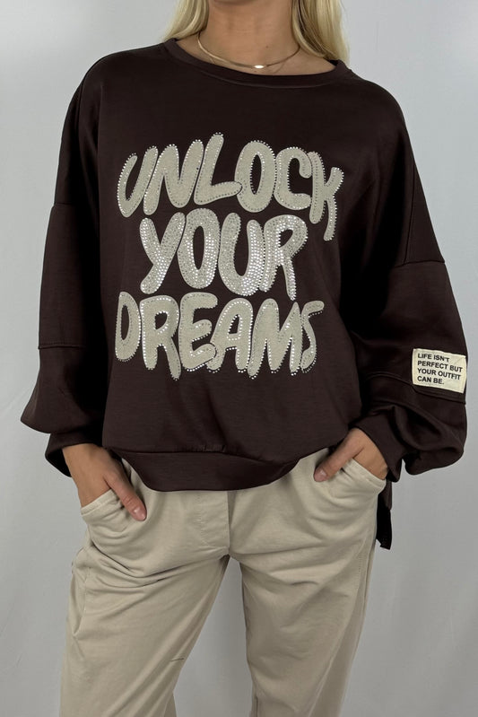 Damen Oversize Sweatshirt – Unlock Your Dreams-Schoko
