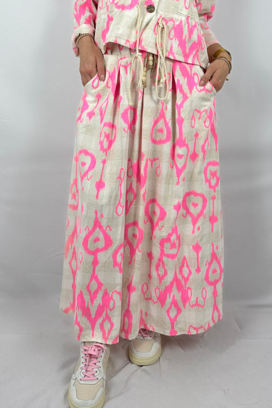 Boho Rock mit Print – Leinen/Viskose-Neon Pink