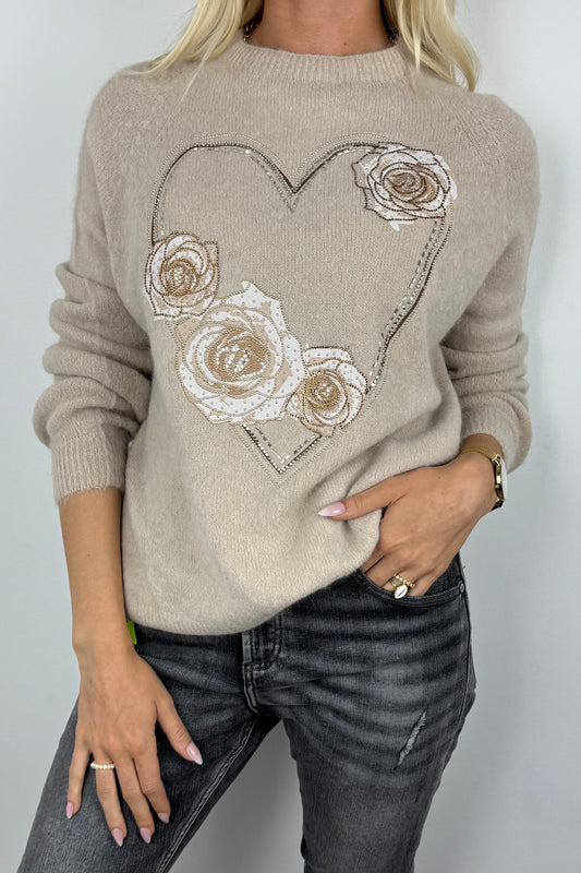 Pullover mit Herz- und Rosen-Design-Beige