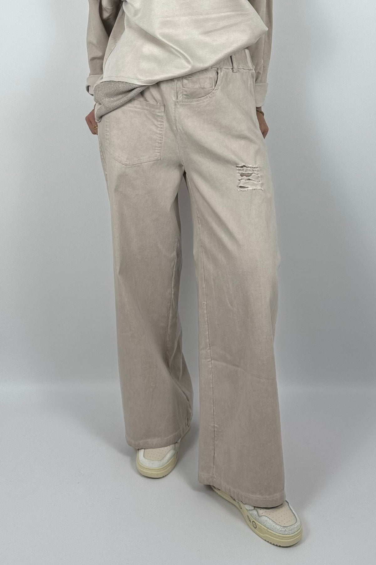 Damen Wide-Leg Hose mit Destroyed-Details – Beige