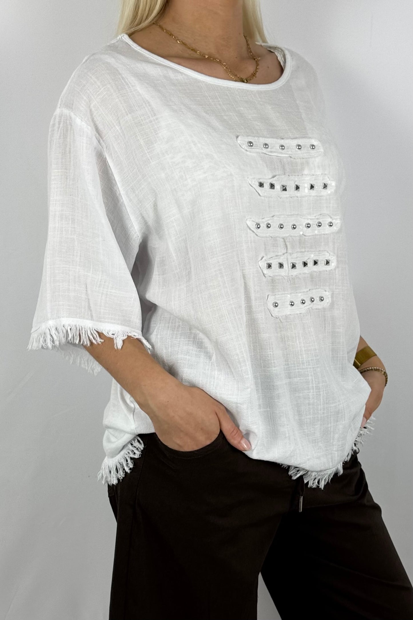 Leinen-Shirt mit Fransen & Nieten-Details-Weiß