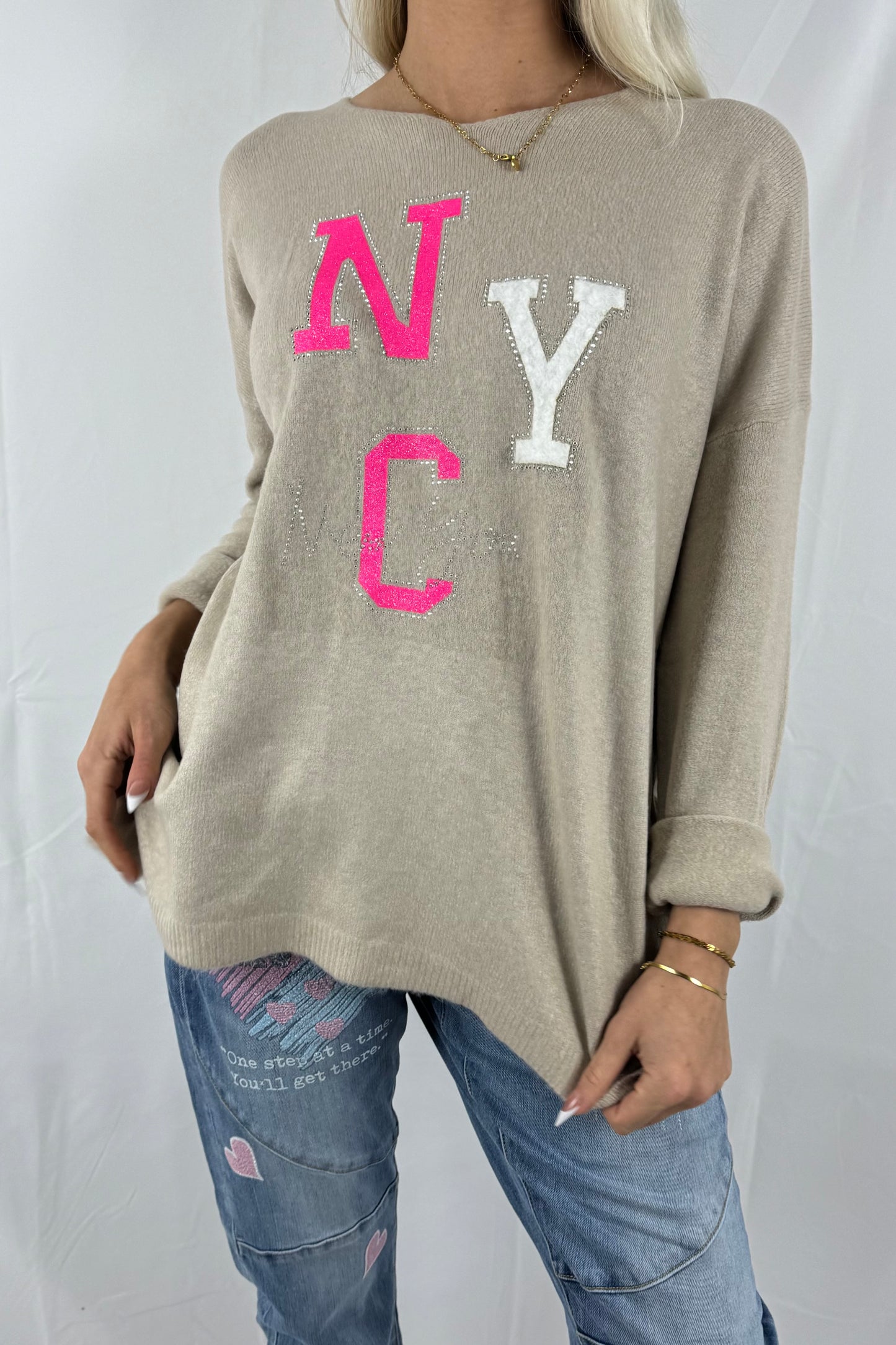 Oversize Shirt mit NYC-Print –Beige