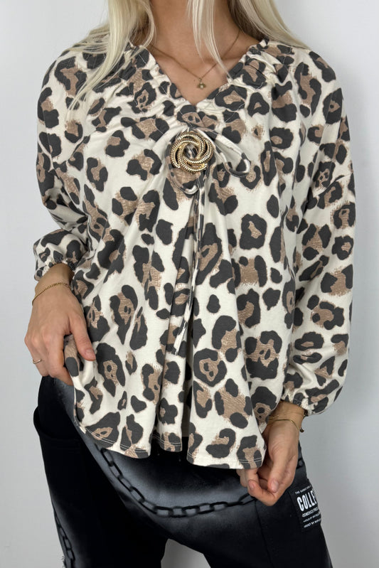 Bluse mit Leopardenmuster und Raffdetail –White