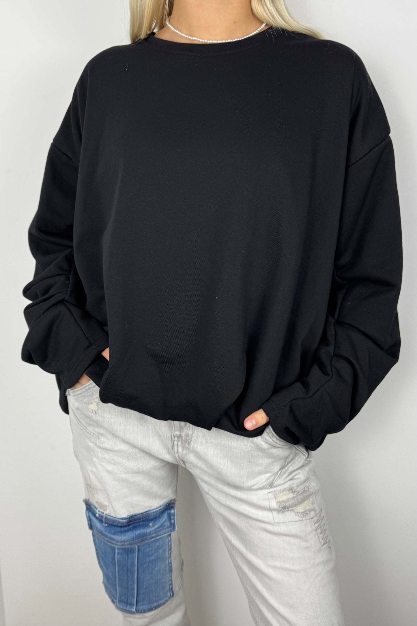 Oversize Sweatshirt mit Faltendetail –Schwarz