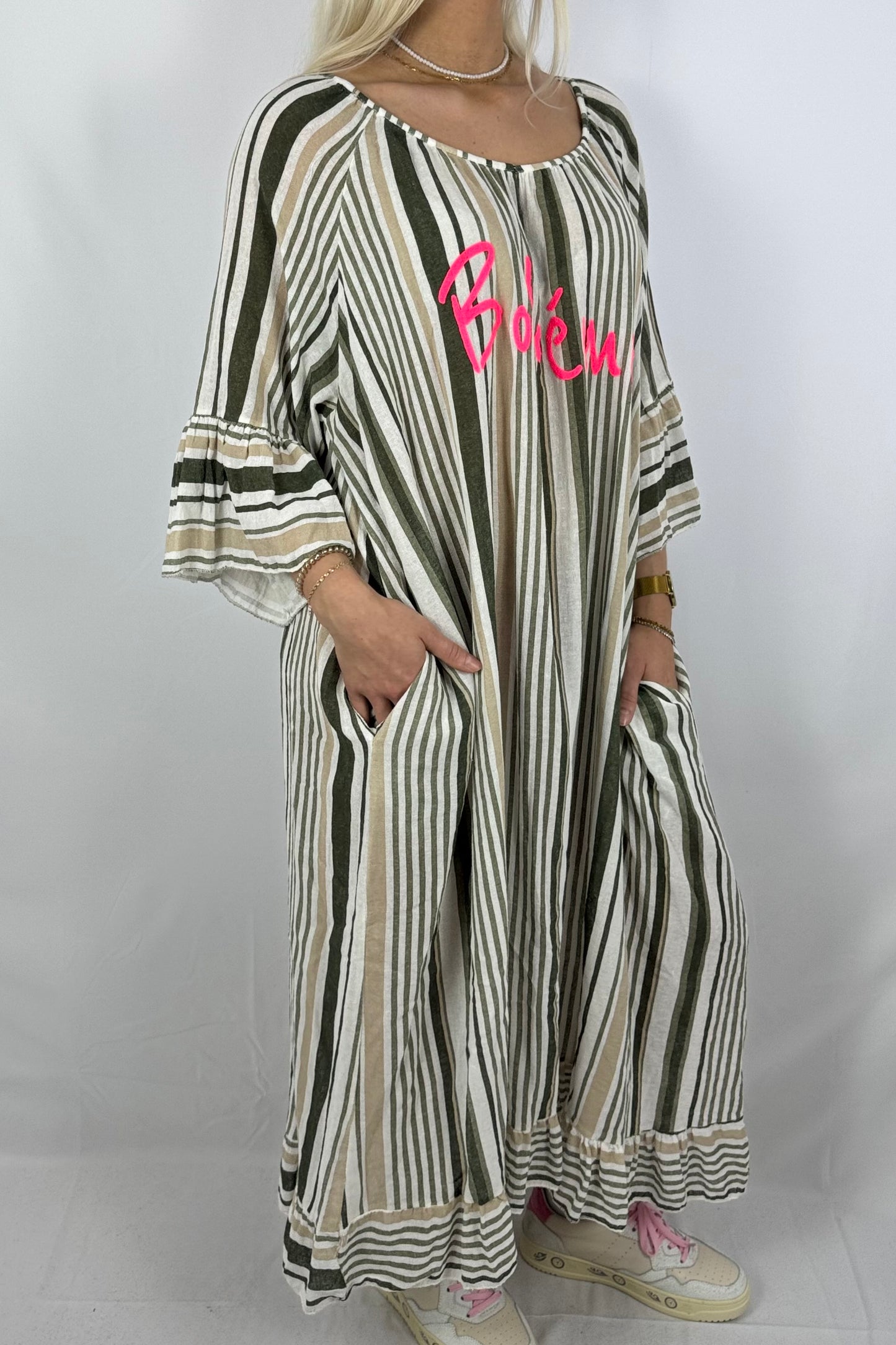 Oversize-Kleid „Bohéme“ mit Streifenmuster-Khaki