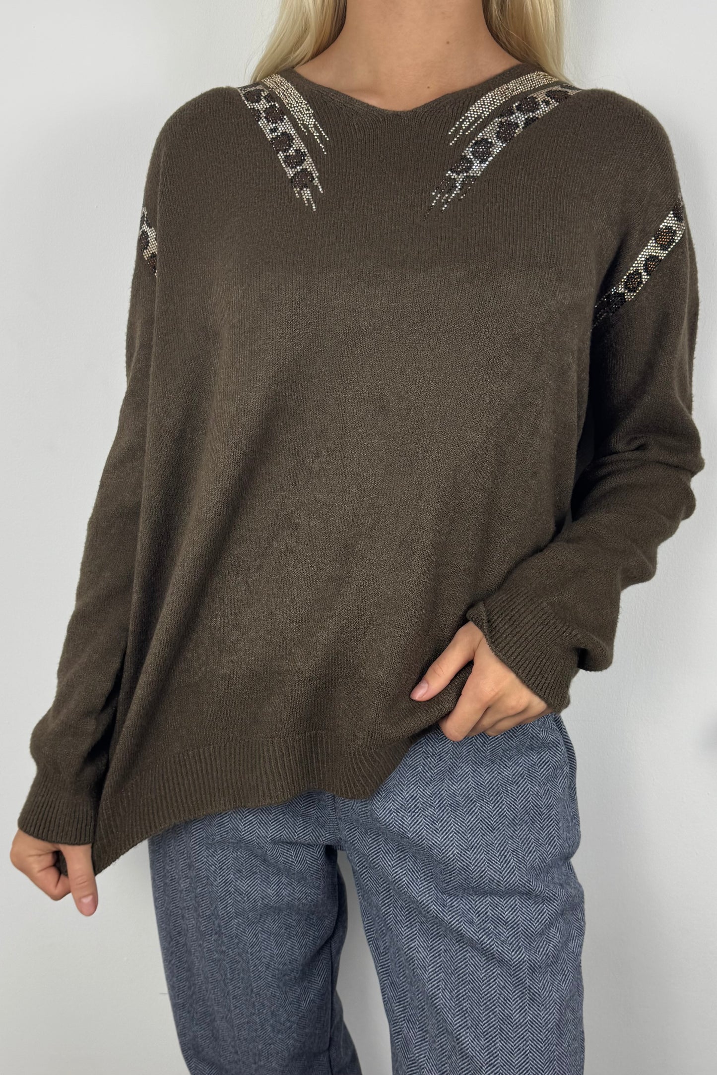 Feinstrick Pullover mit Glitzer-Details und V-Ausschnitt-Choco