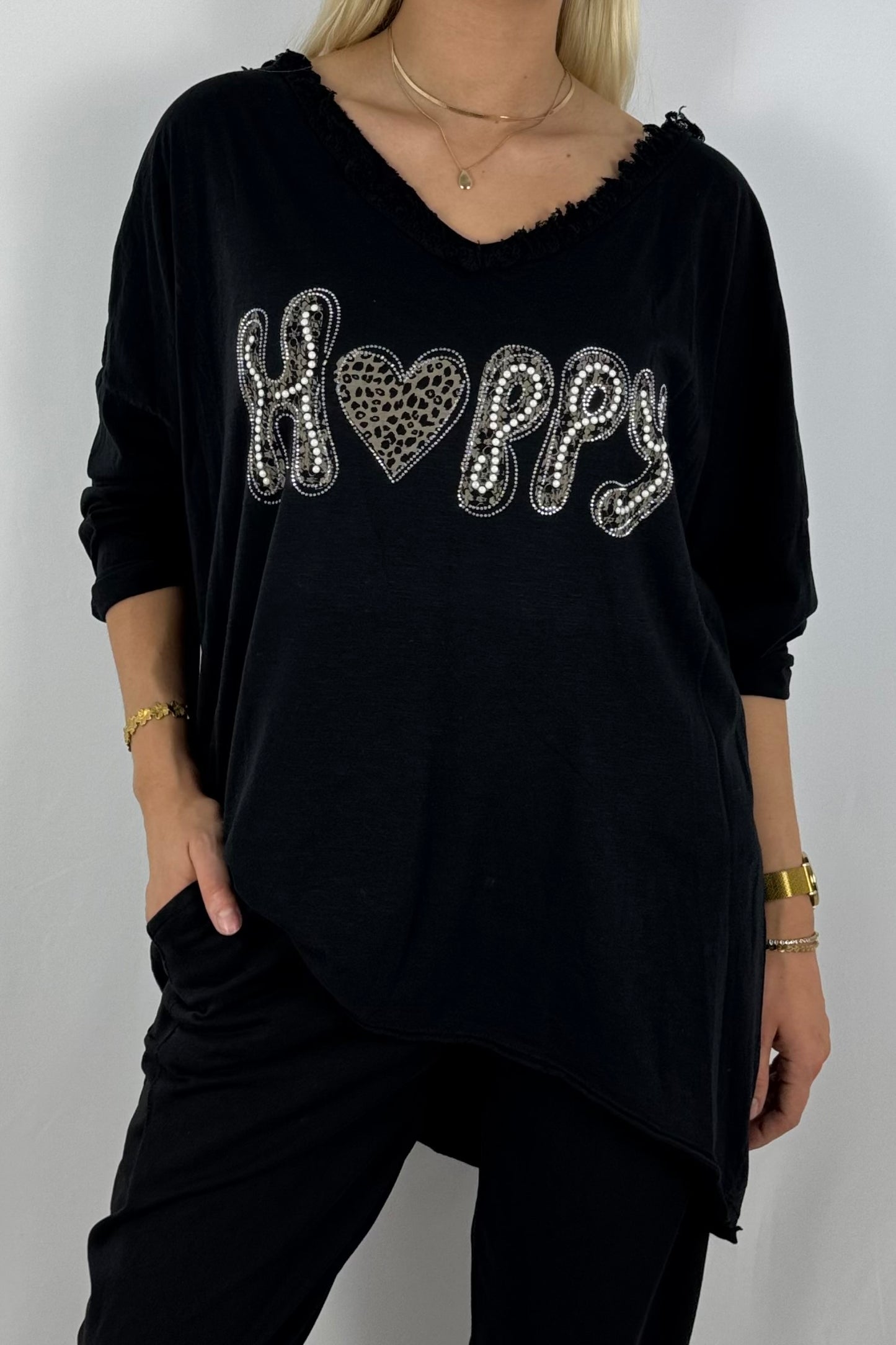 Damen Oversize Shirt – Happy Print-Schwarz