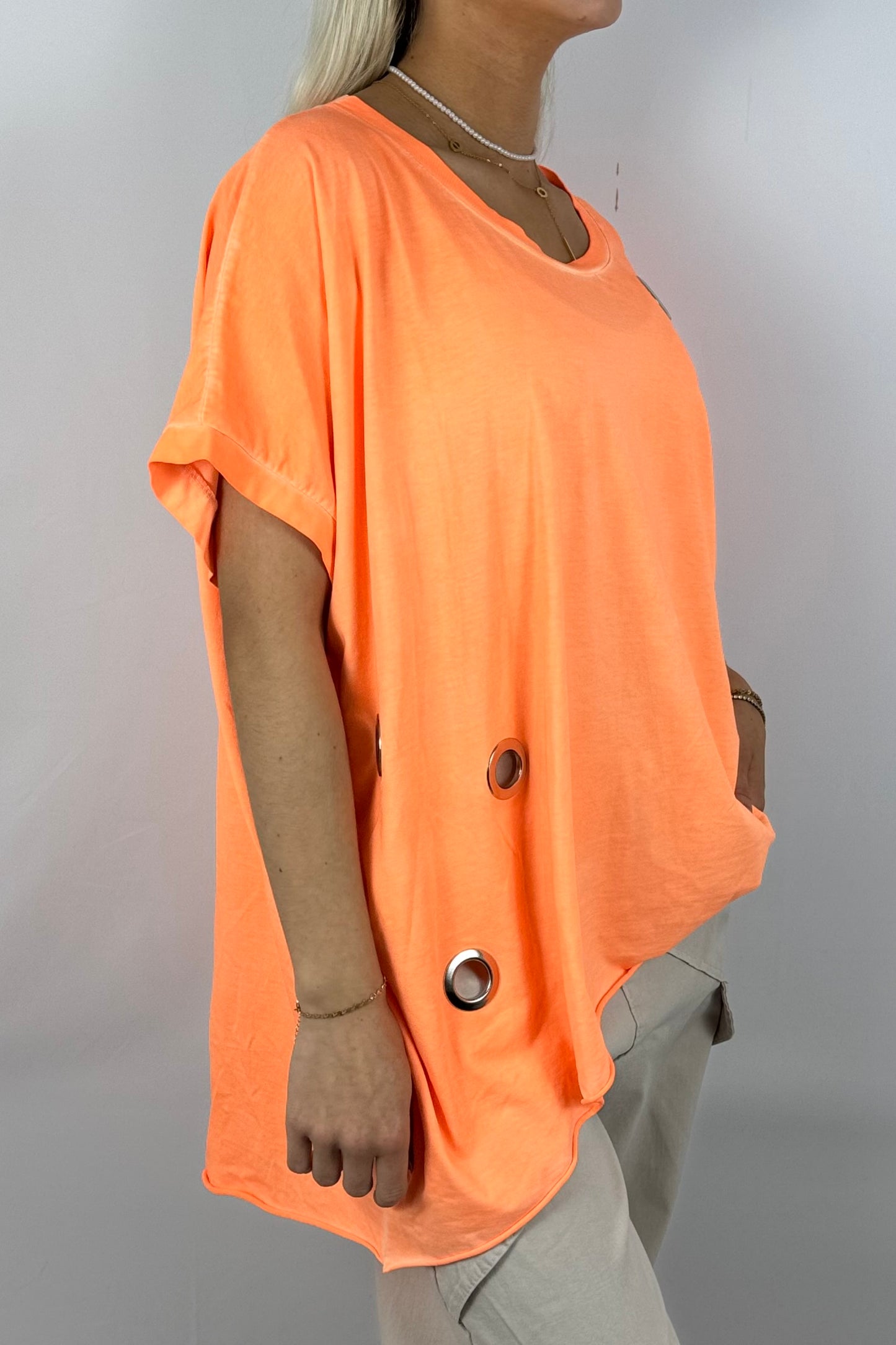 Oversize-Shirt mit dekorativen Metallösen-Neon Orange