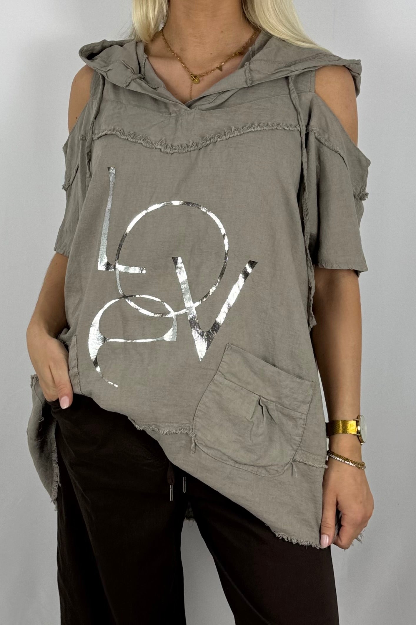 Leinen-Top mit Kapuze & LOVE-Print-Mud