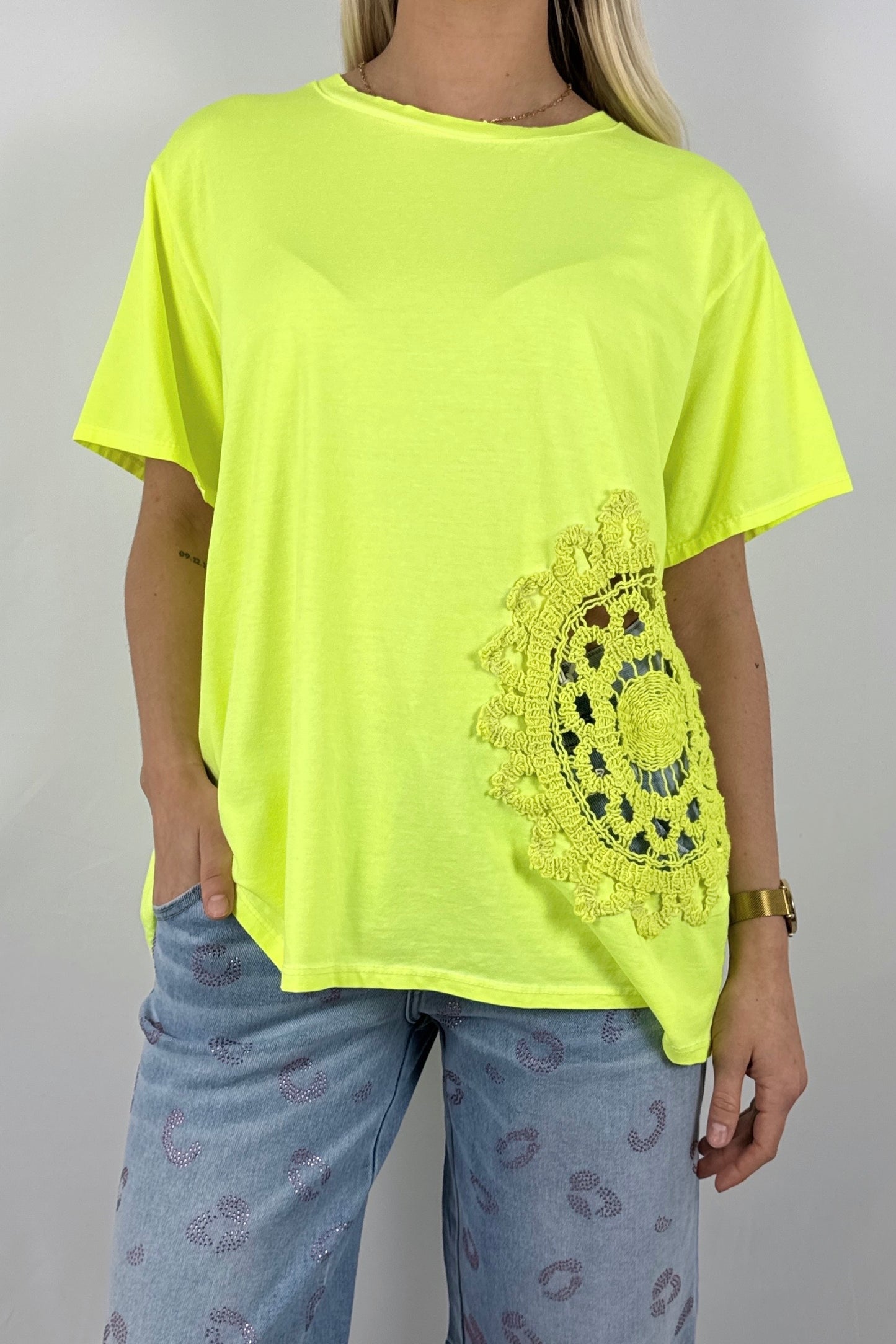 Shirt mit großem Häkel Muster-Neon Gelb