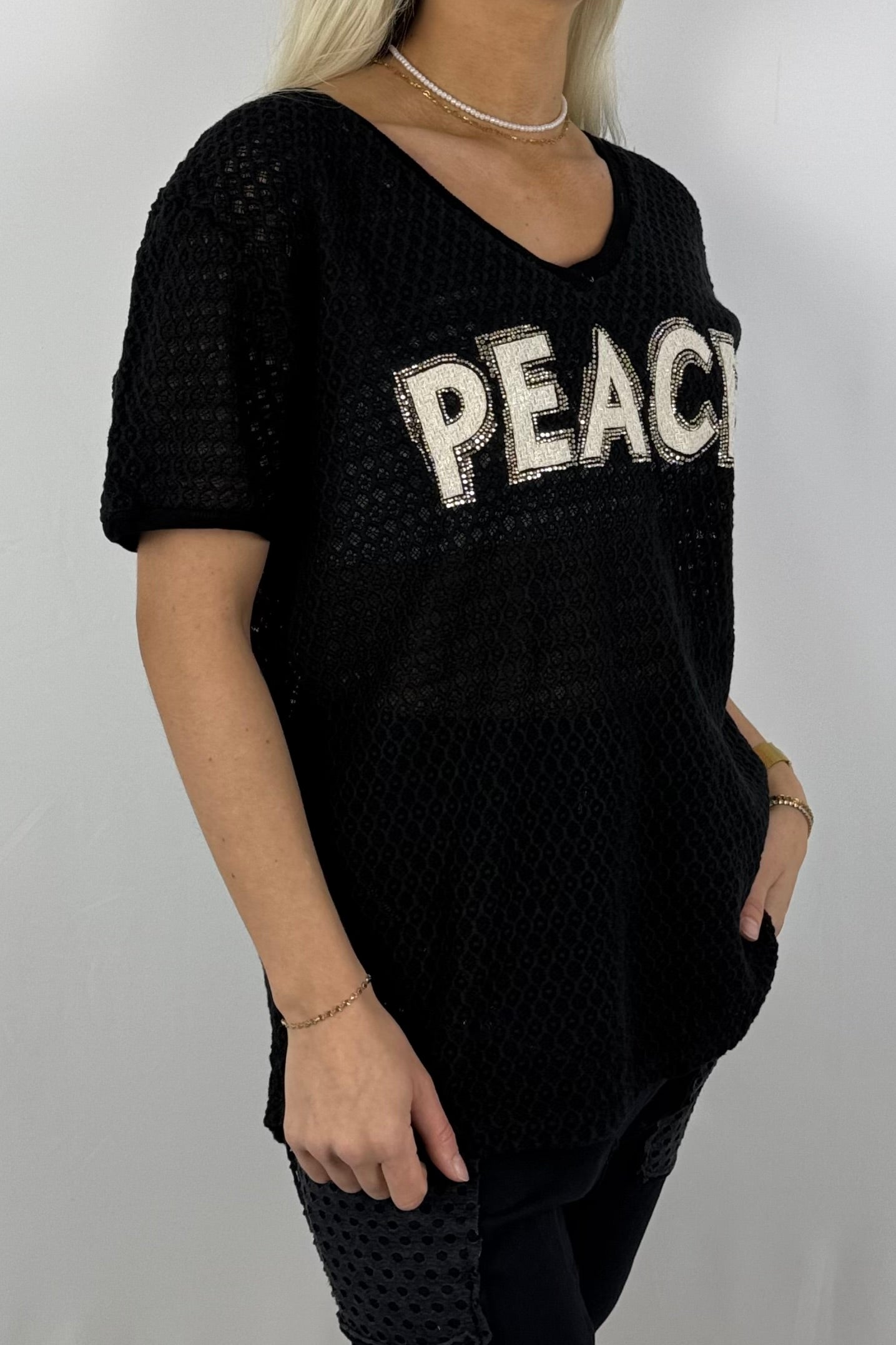 Netz-Shirt „PEACE“ mit Strass-Applikation-Schwarz