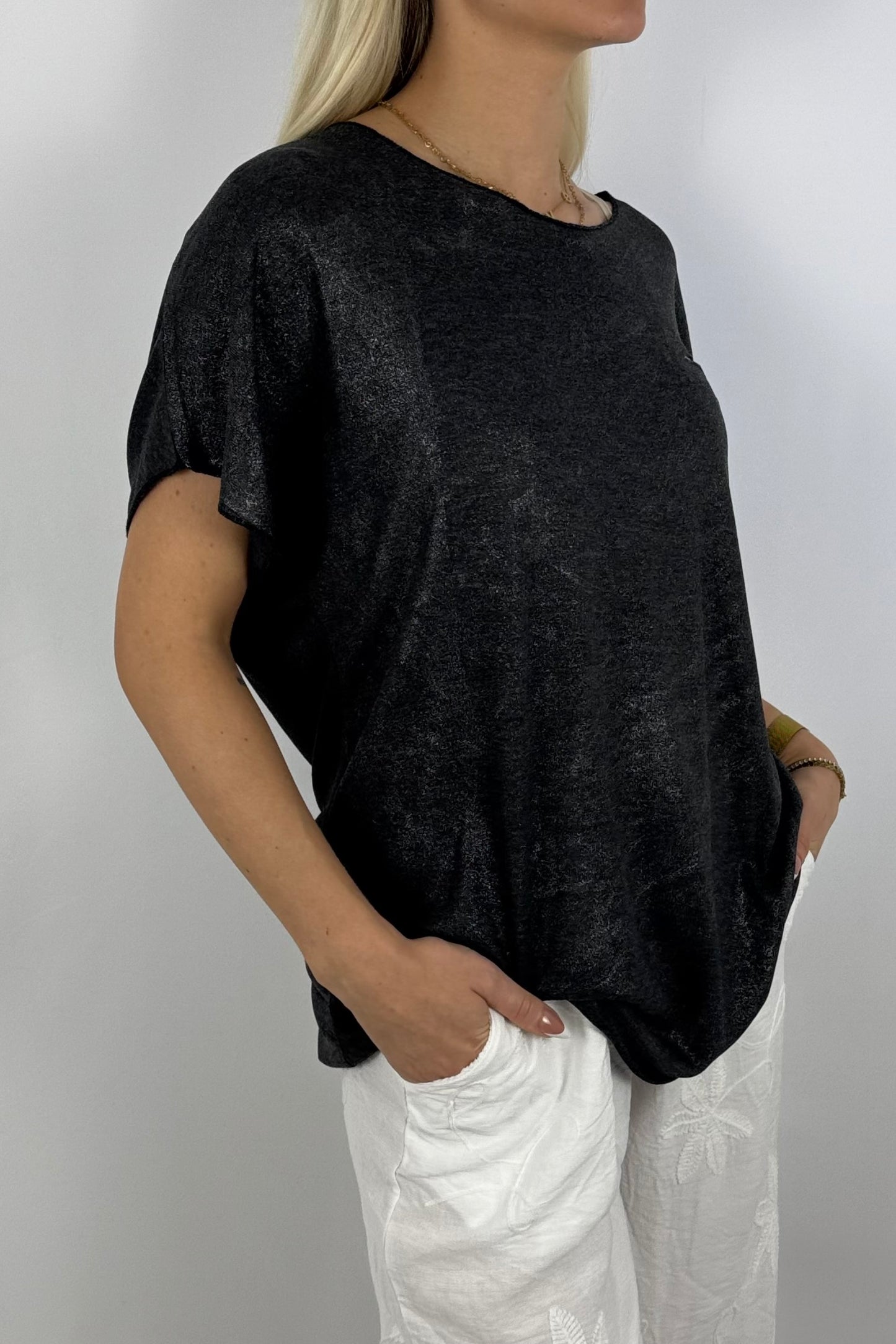 Glitzer-Shirt mit Pailletten-Detail – elegant & bequem-Schwarz