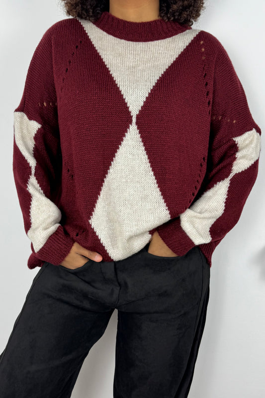 Strickpullover mit Rautenmuster –Bordeux