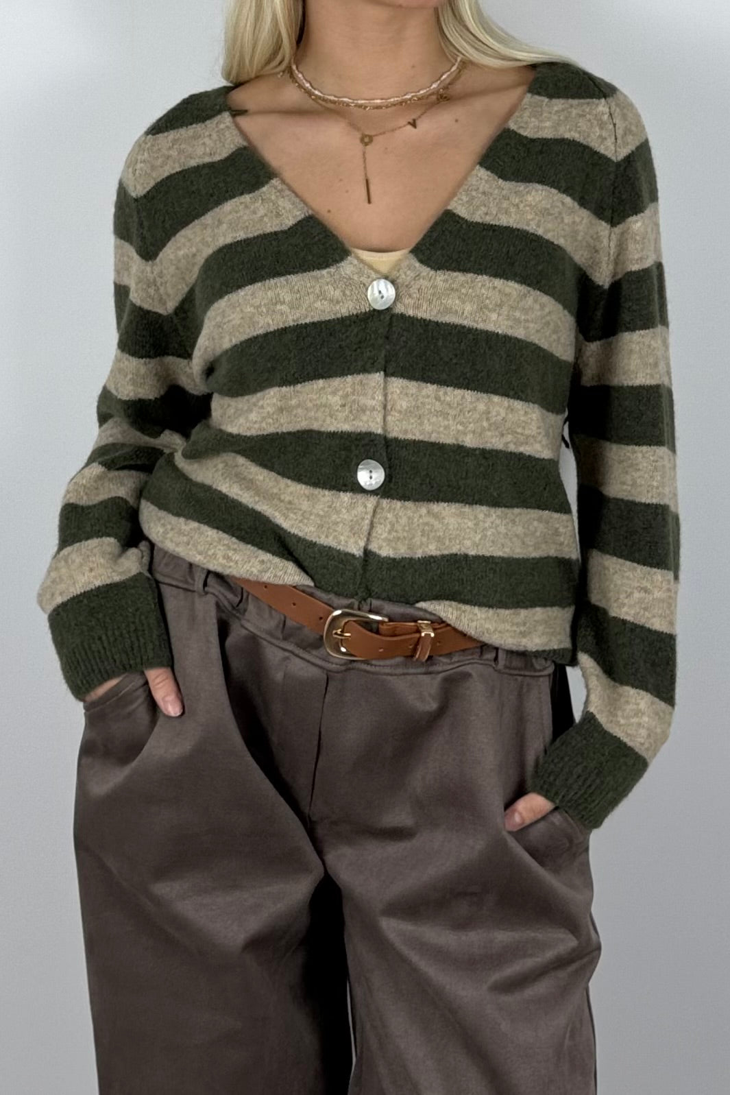 Damen Strickjacke gestreift mit Knöpfen – Khaki