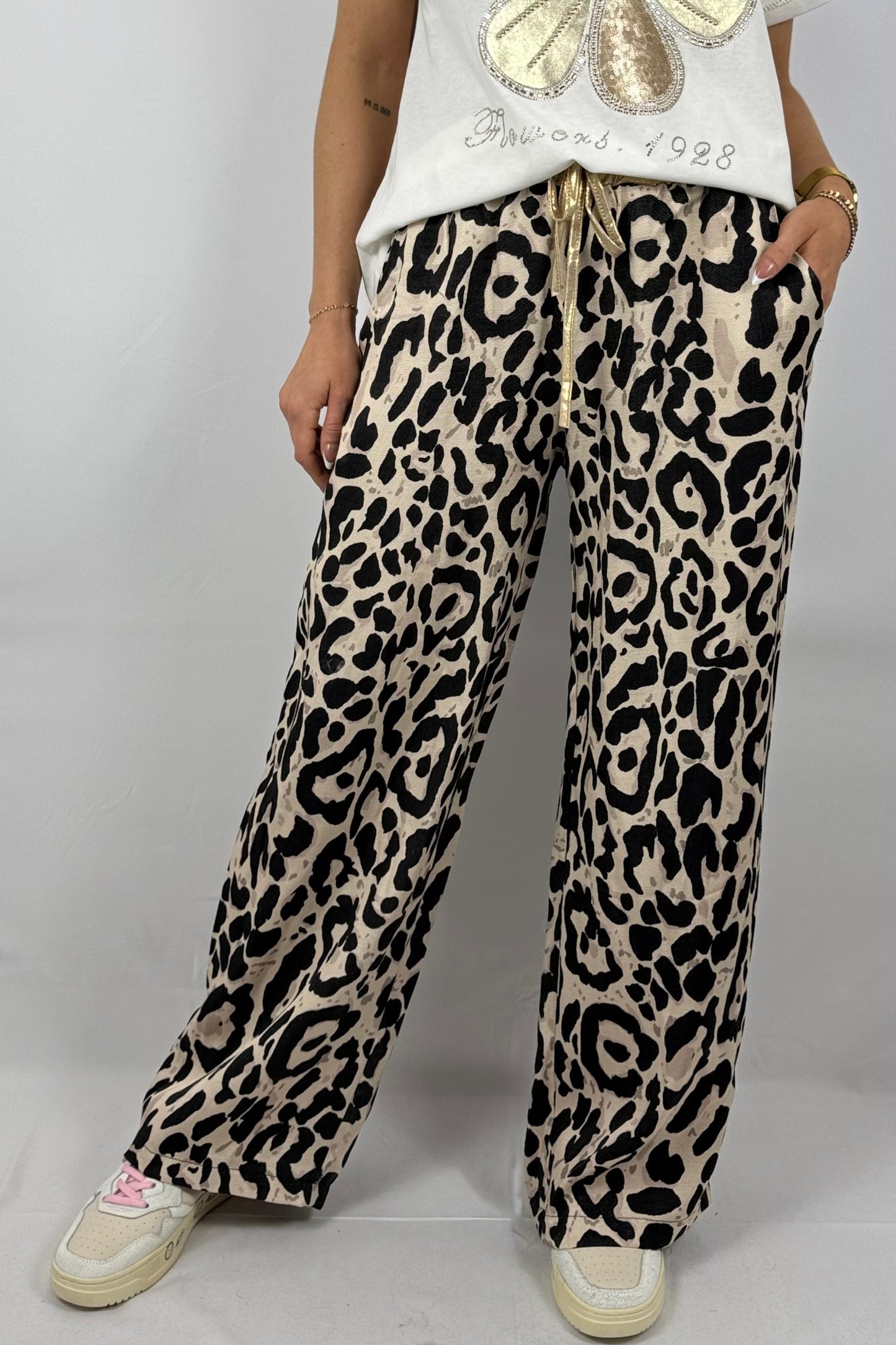 Weite Palazzo-Hose mit Leo-Print-Beige