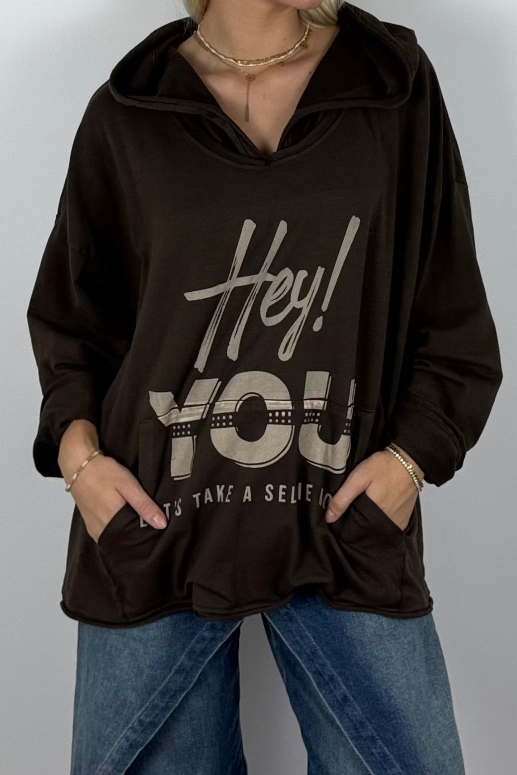 Damen Oversize Hoodie „Hey You“ mit Kapuze – Schoko